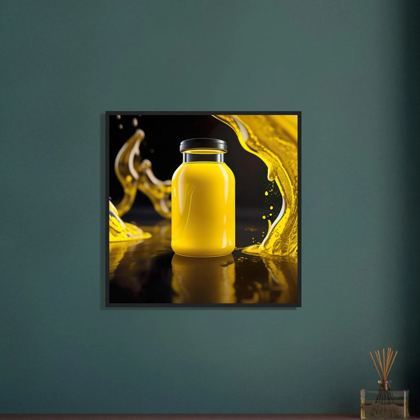 Gerahmtes Premium-Poster - Gelbe Flüssigkeit - Foto Stil, KI-Kunst - RolConArt, Kreative Vielfalt,