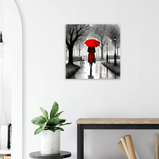 Moderner Forex-Druck - Frau im Park bei Regen - Schwarz-Weiß, KI-Kunst RolConArt