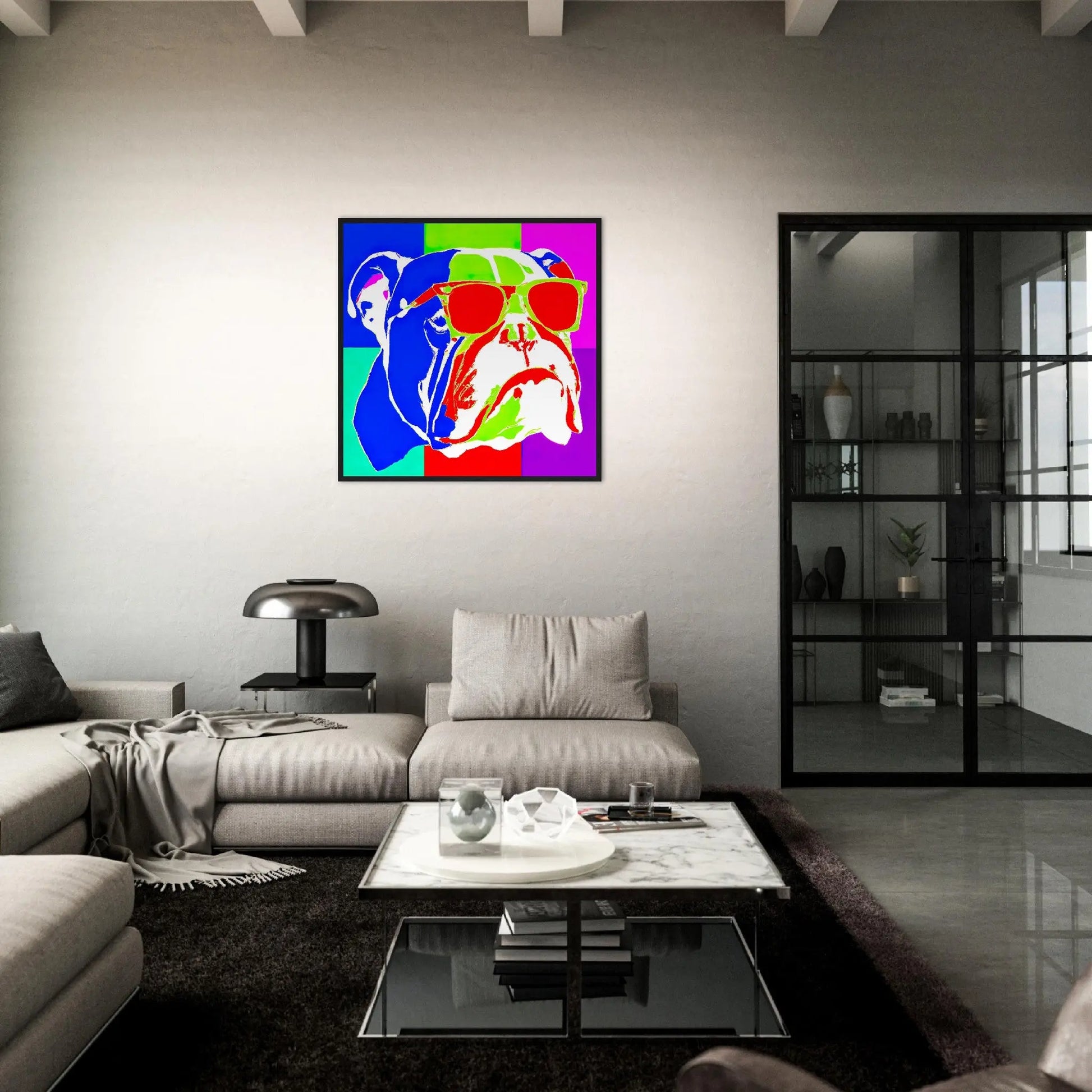 Gerahmtes Premium-Poster - Englische Bulldogge - Pop Art Stil, KI-Kunst - RolConArt, Pop Art - Tiere,