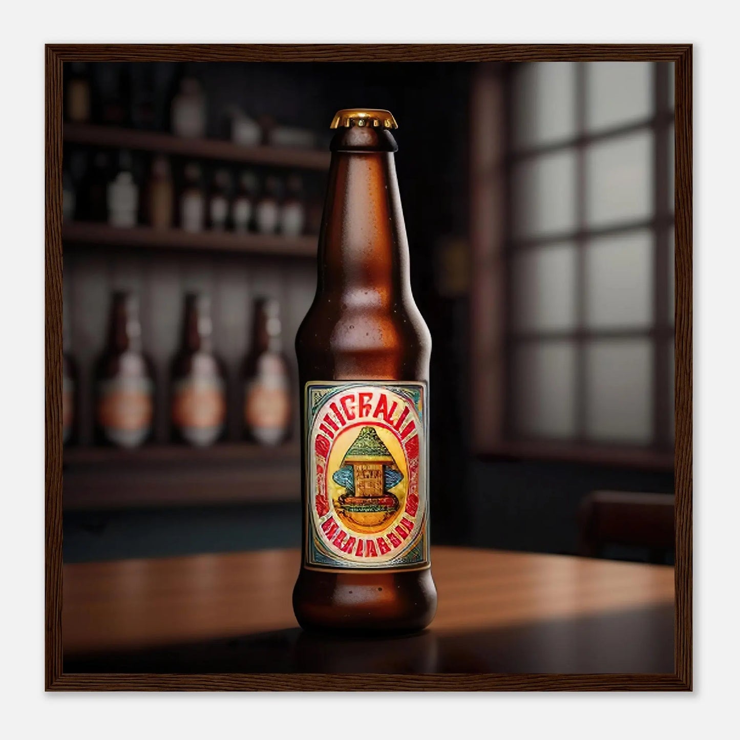 Gerahmtes Premium-Poster - Bierflasche - Foto Stil, KI-Kunst - RolConArt, Kreative Vielfalt, 50x50-cm-20x20-Dunkler-Holzrahmen