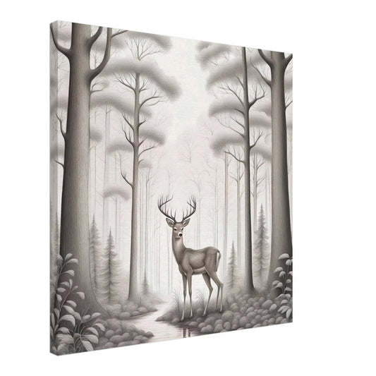 Leinwandbild - Hirsch im Wald - Schwarz-Weiß, Bleistift Stil, KI-Kunst - RolConArt, Schwarz-Weiß,
