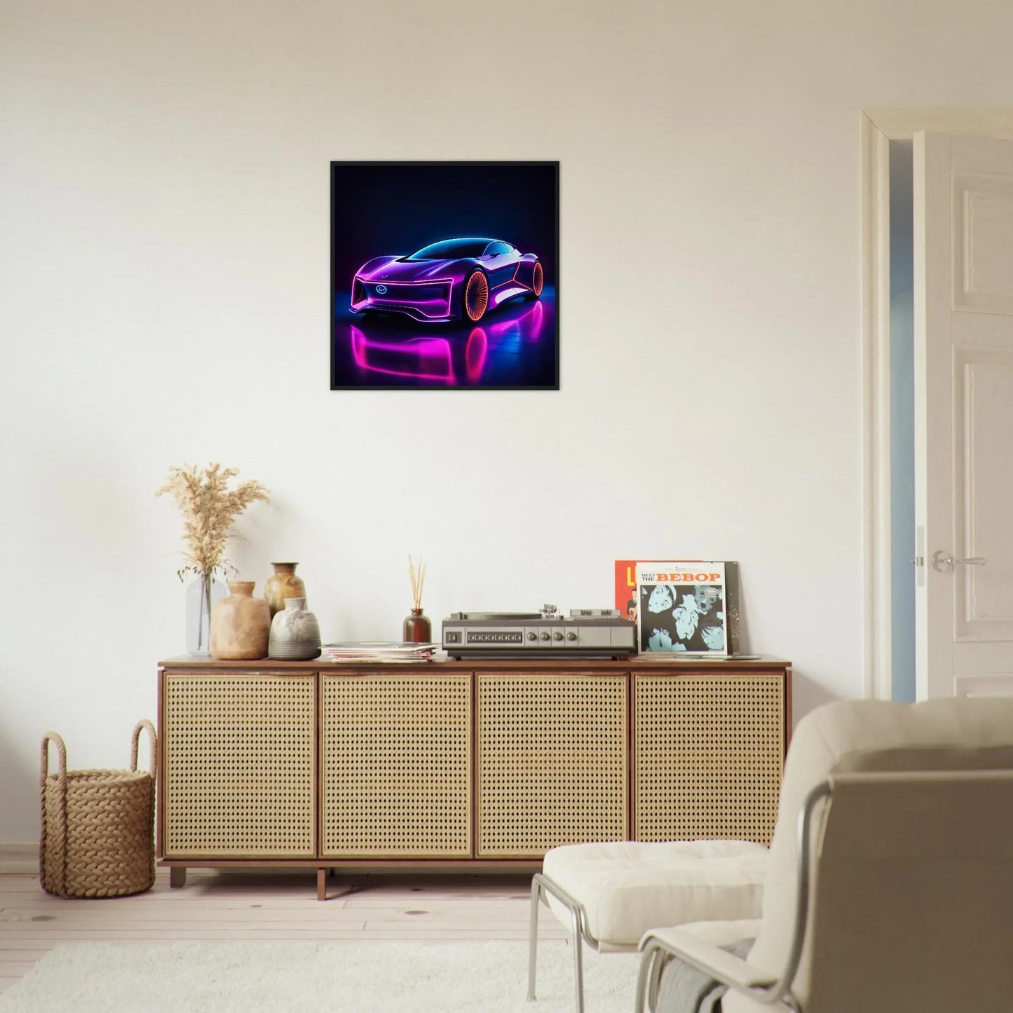 Gerahmtes Premium-Poster -Futuristisches Fahrzeug- Neon Stil, KI-Kunst - RolConArt, Neon,