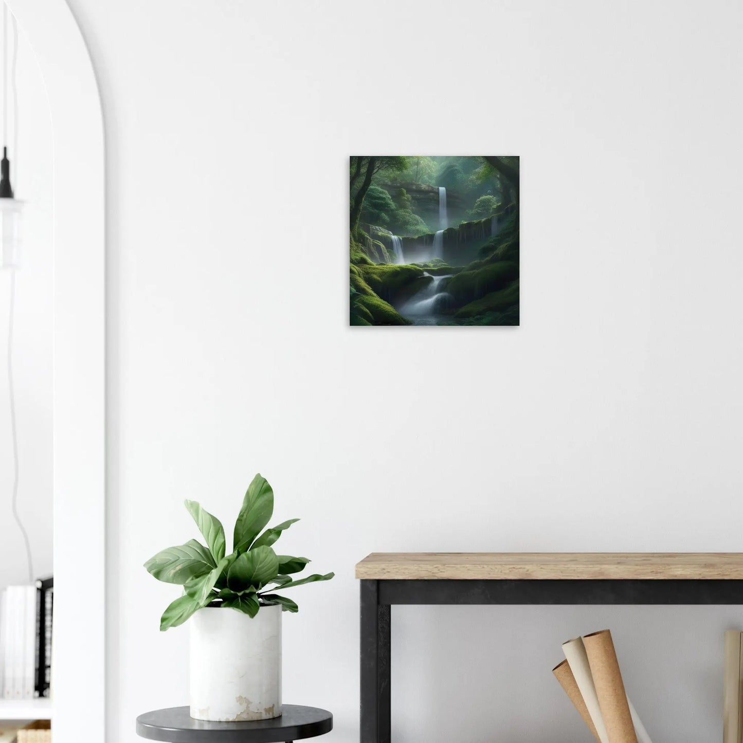 Moderner Forex-Druck - Wasserfälle im Wald - Foto Stil, KI-Kunst - RolConArt, Landschaften, 40x40-cm-16x16-Weiß