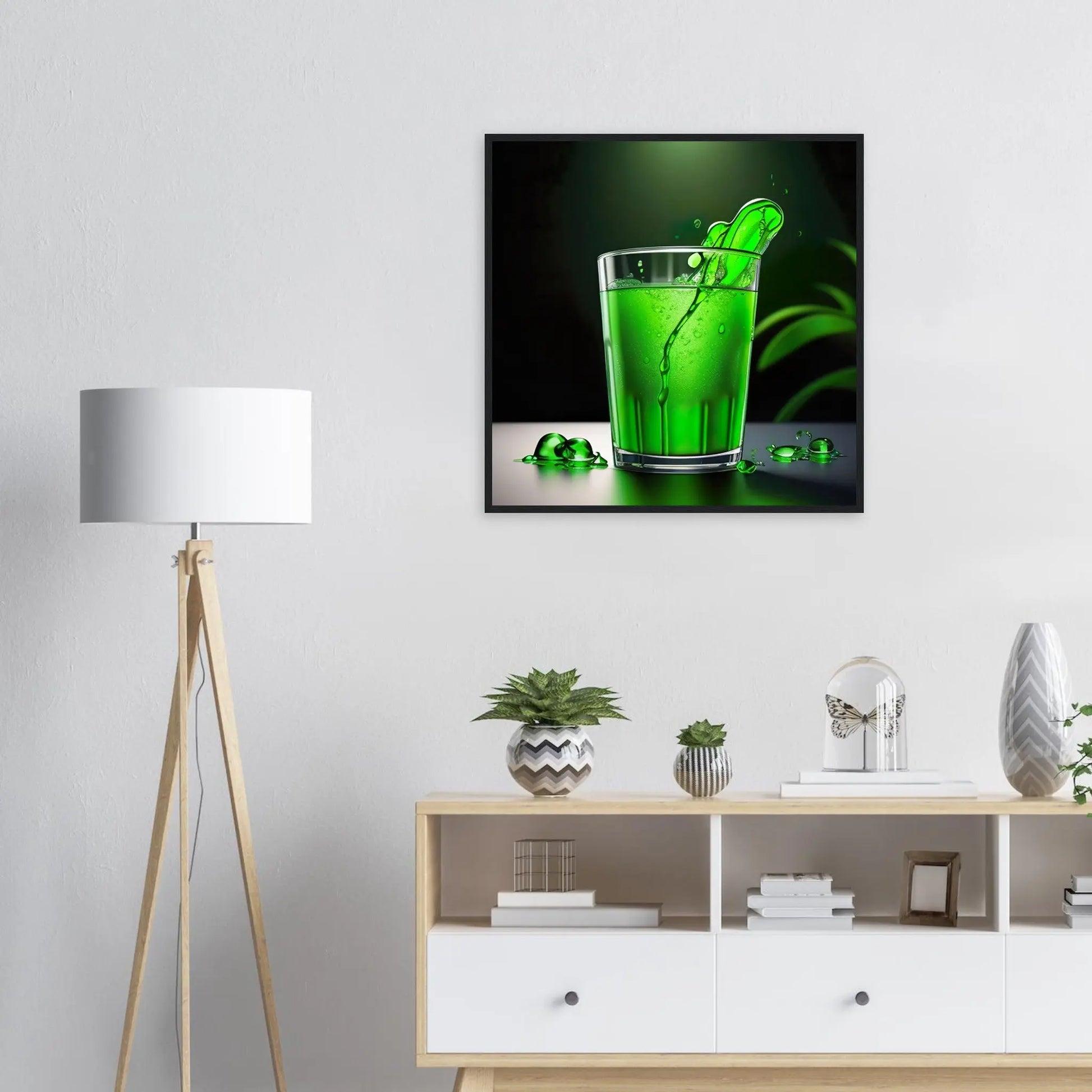 Gerahmtes Premium-Poster - Glas mit grünem Trank - Foto Stil, KI-Kunst - RolConArt, Kreative Vielfalt,