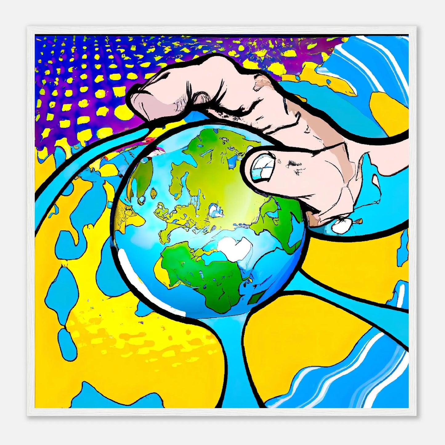 Gerahmtes Premium-Poster - Planet in der Hand - Cartoon Stil, KI-Kunst - RolConArt, Cartoon, 70x70-cm-28x28-Weiß