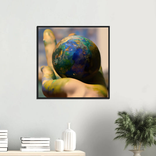 Gerahmtes Premium-Poster - Planet in der Hand - Foto Stil, KI-Kunst - RolConArt, Fotokunst - Kreative Vielfalt,