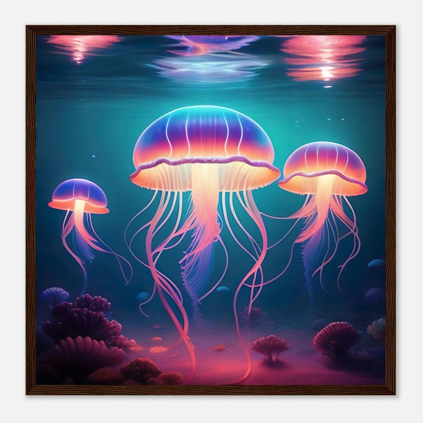 Gerahmtes Premium-Poster - Quallen - Digitaler Stil, KI-Kunst - RolConArt, Unterwasserlandschaften, 50x50-cm-20x20-Dunkler-Holzrahmen