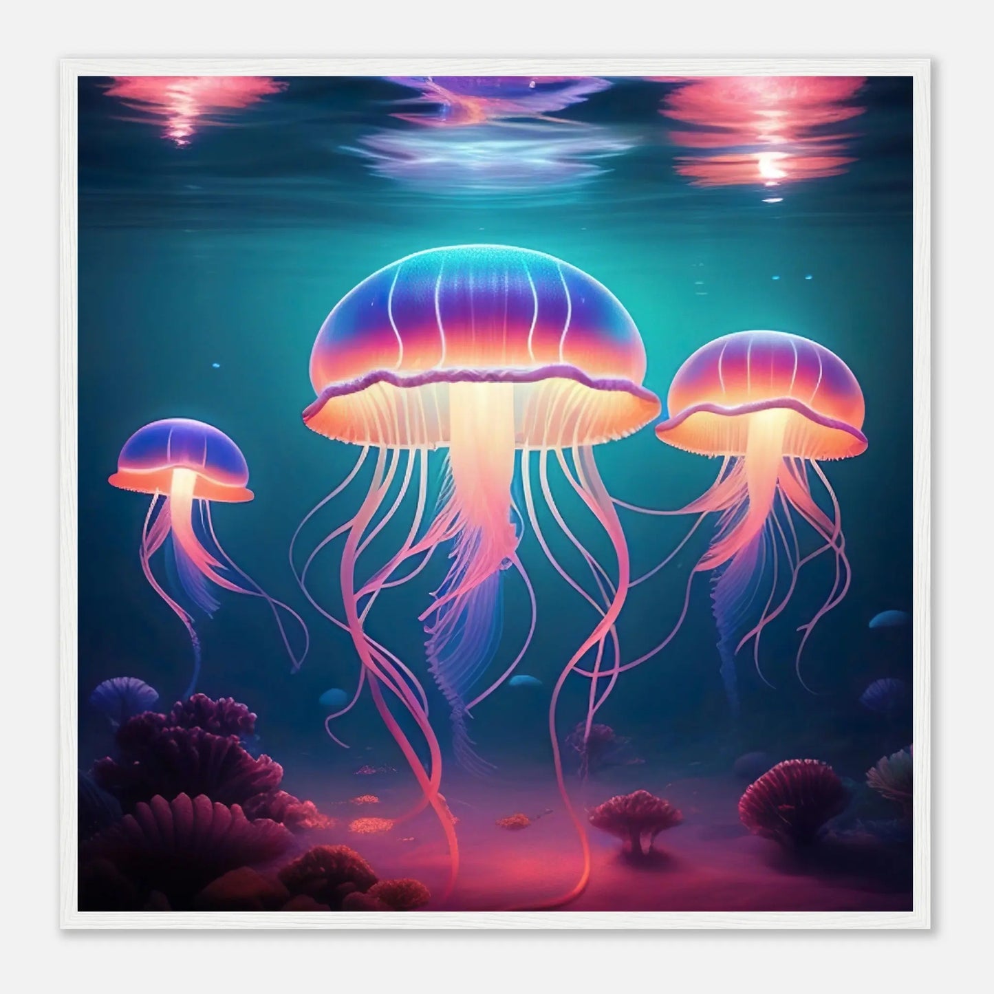 Gerahmtes Premium-Poster - Quallen - Digitaler Stil, KI-Kunst - RolConArt, Unterwasserlandschaften, 70x70-cm-28x28-Weißer-Rahmen