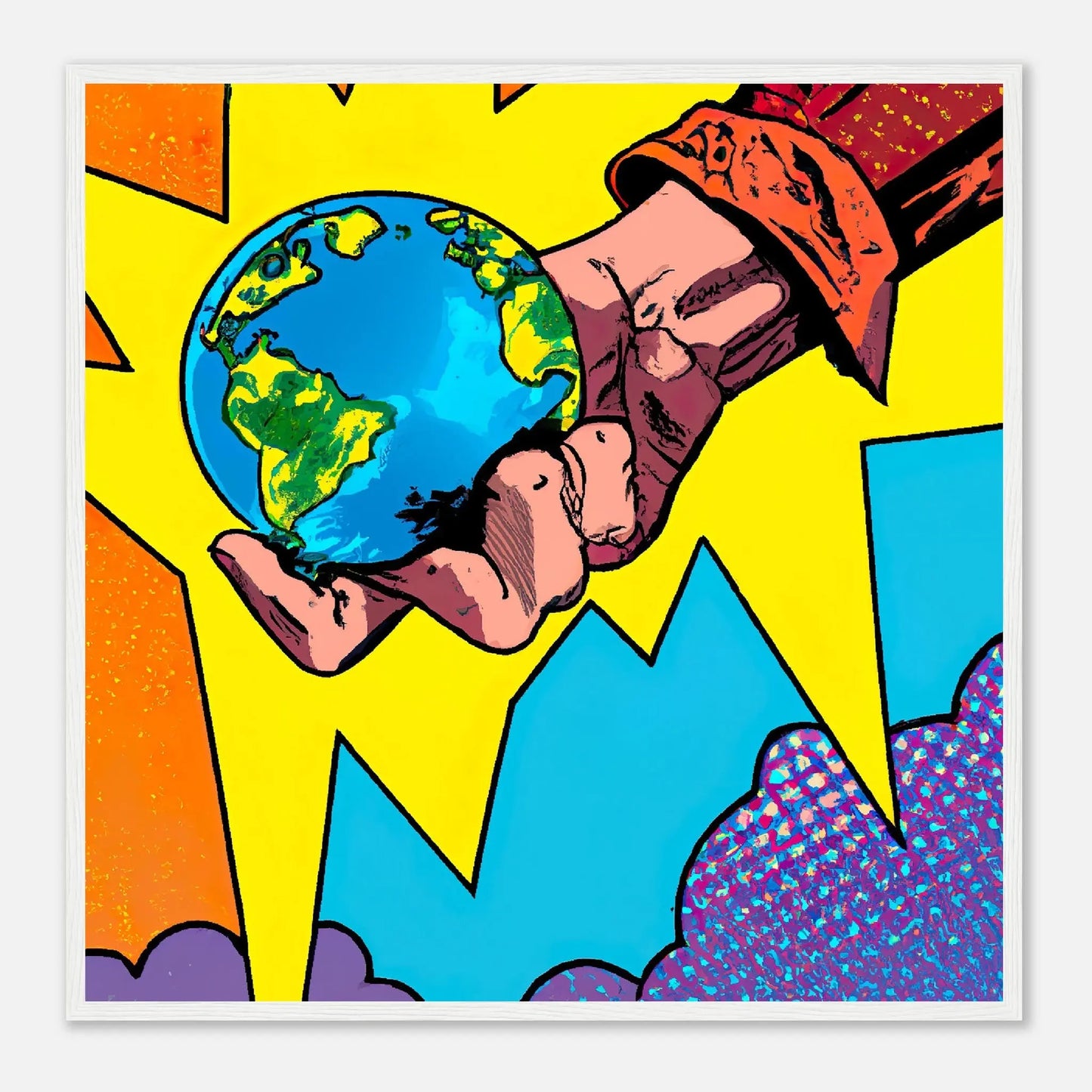 Gerahmtes Premium-Poster - Planet in der Hand - Cartoon Stil, KI-Kunst - RolConArt, Cartoon, 70x70-cm-28x28-Weiß