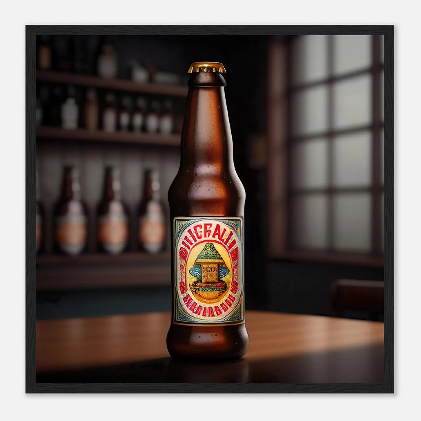 Gerahmtes Premium-Poster - Bierflasche - Foto Stil, KI-Kunst - RolConArt, Kreative Vielfalt, 50x50-cm-20x20-Schwarzer-Rahmen