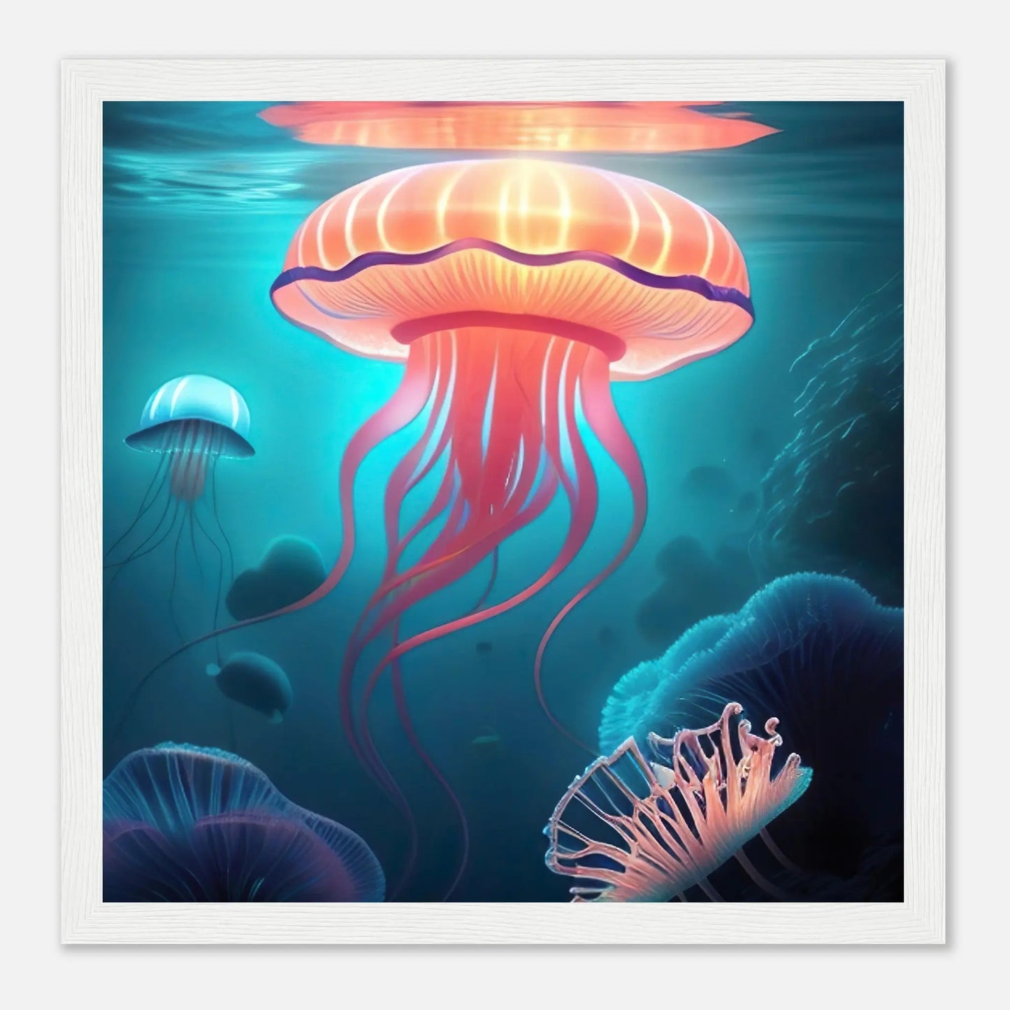 Gerahmtes Premium-Poster - Quallen - Digitaler Stil, KI-Kunst - RolConArt, Unterwasserlandschaften, 30x30-cm-12x12-Weißer-Rahmen