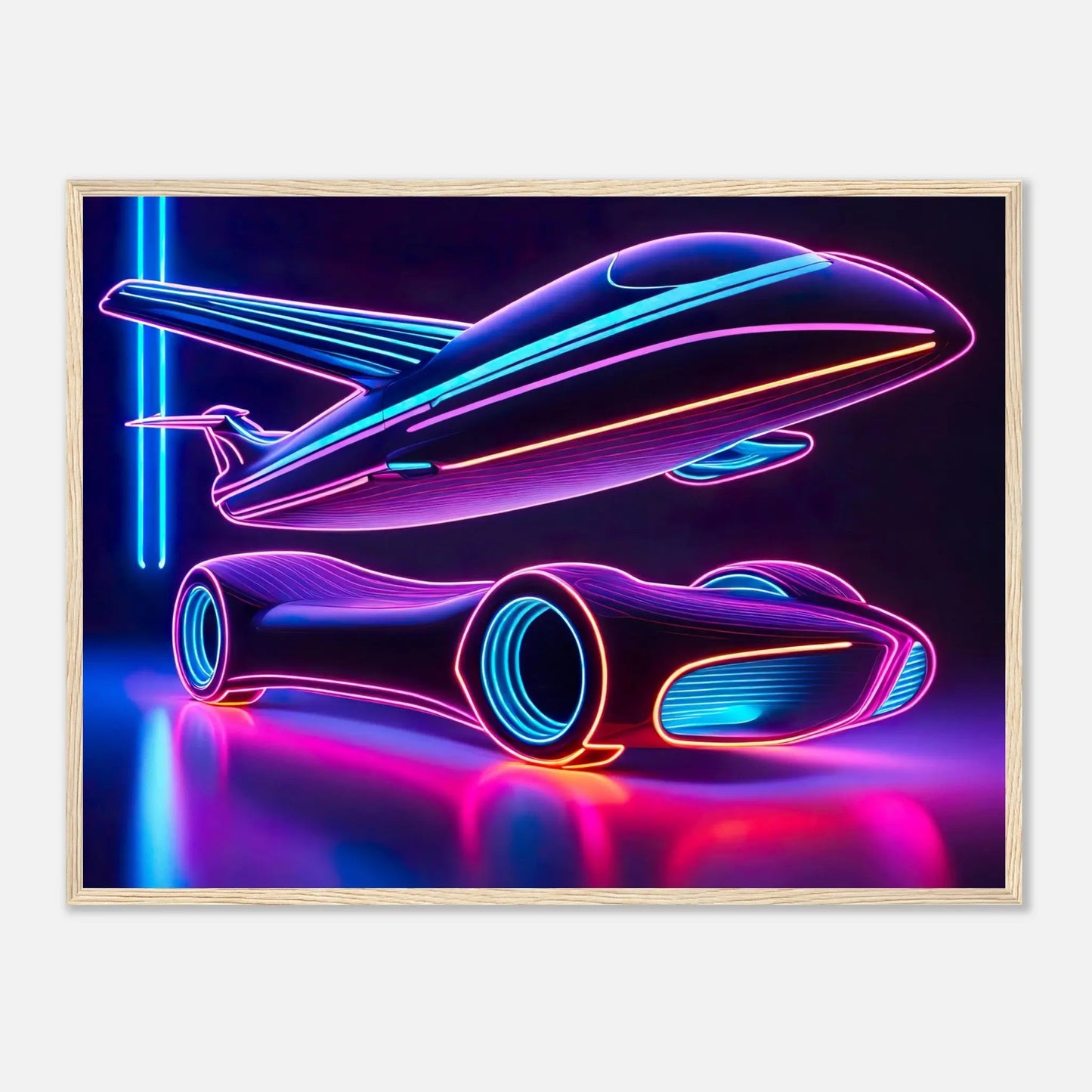 Gerahmtes Premium-Poster -Futuristisches Fahrzeug- Neon Stil, KI-Kunst - RolConArt, Neon, 60x80-cm-24x32-Holzrahmen