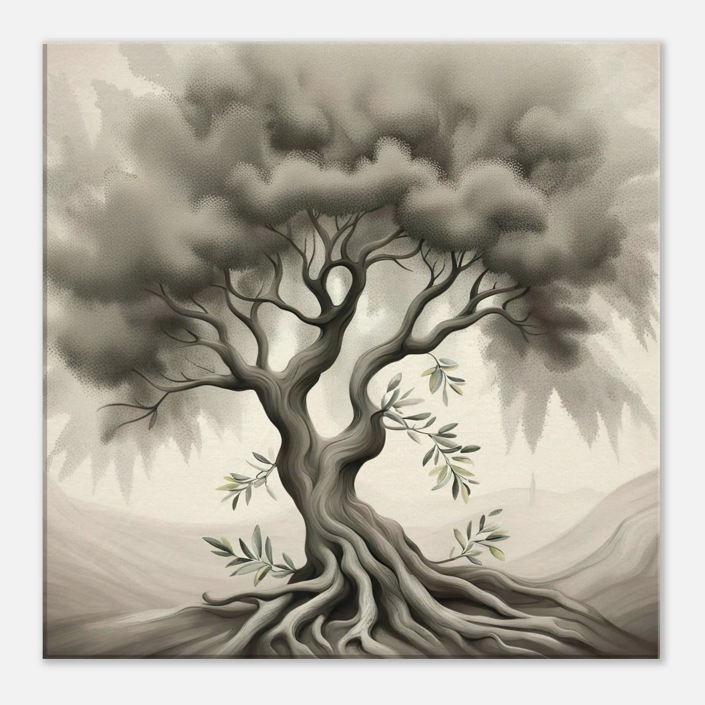 Leinwandbild - Olivenbaum - Schwarz-Weiß, Bleistift Stil, KI-Kunst - RolConArt, Schwarz-Weiß, 50x50-cm-20x20