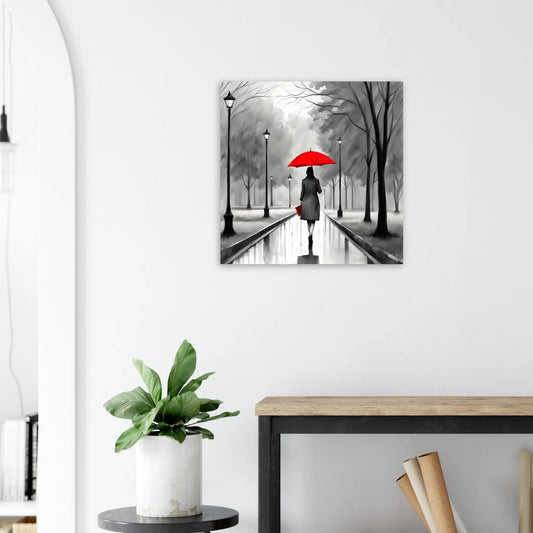 Moderner Forex-Druck - Frau im Park bei Regen - Schwarz-Weiß, KI-Kunst RolConArt