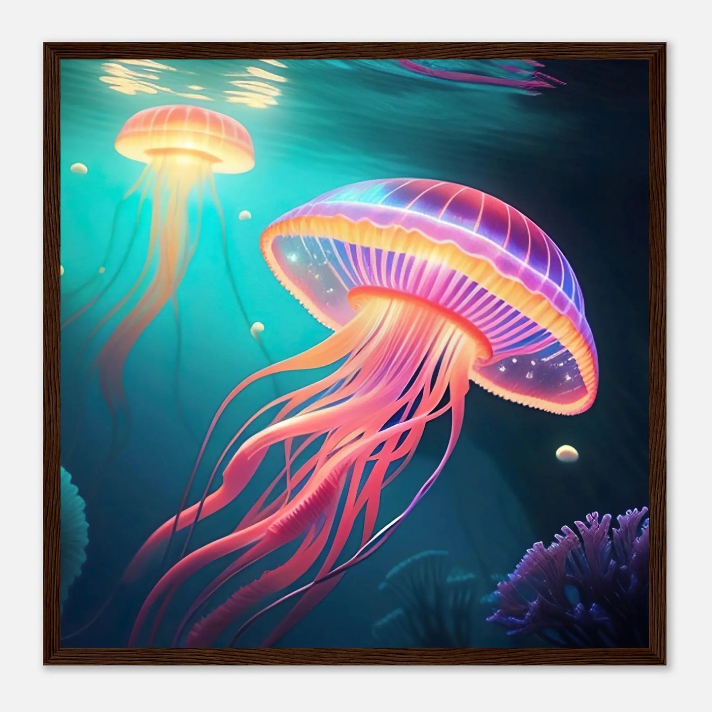 Gerahmtes Premium-Poster - Quallen - Digitaler Stil, KI-Kunst - RolConArt, Unterwasserlandschaften, 50x50-cm-20x20-Dunkler-Holzrahmen