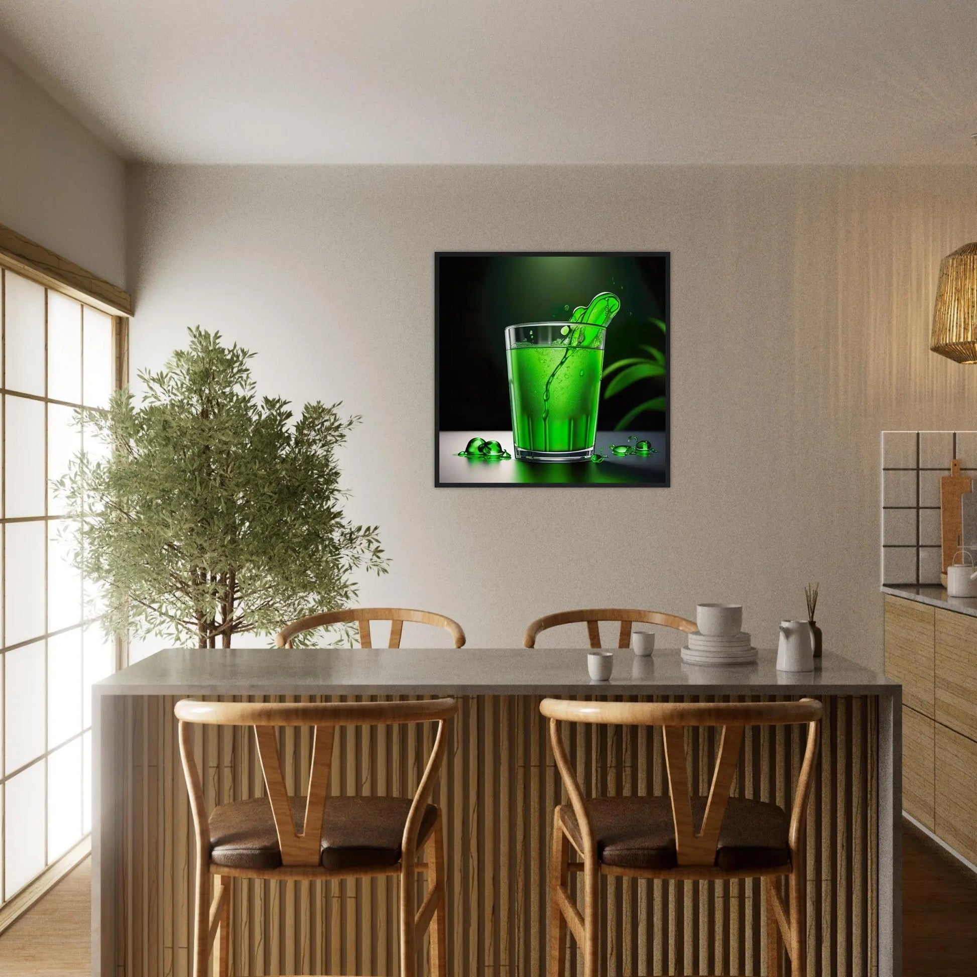 Gerahmtes Premium-Poster - Glas mit grünem Trank - Foto Stil, KI-Kunst - RolConArt, Kreative Vielfalt,