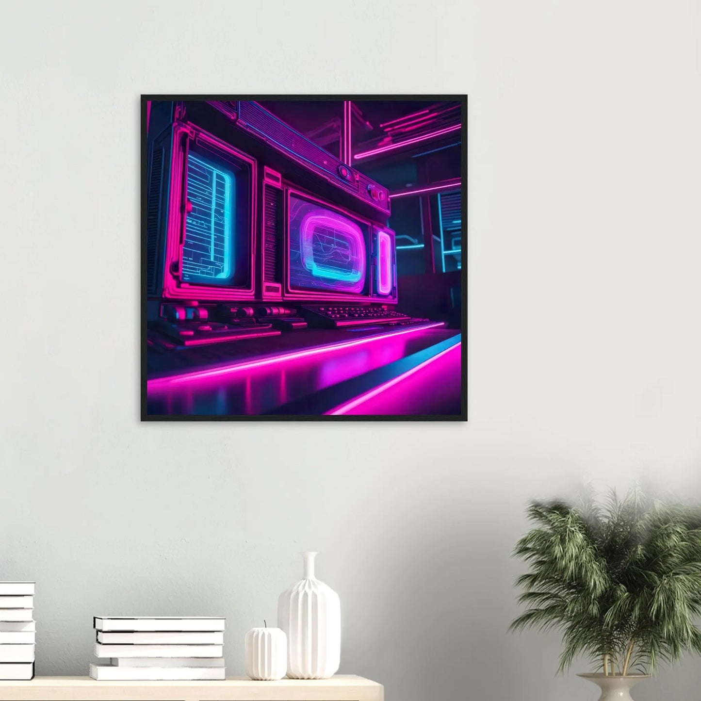 Gerahmtes Premium-Poster - Retro Computer - Neon Stil, KI-Kunst - RolConArt, Neon,