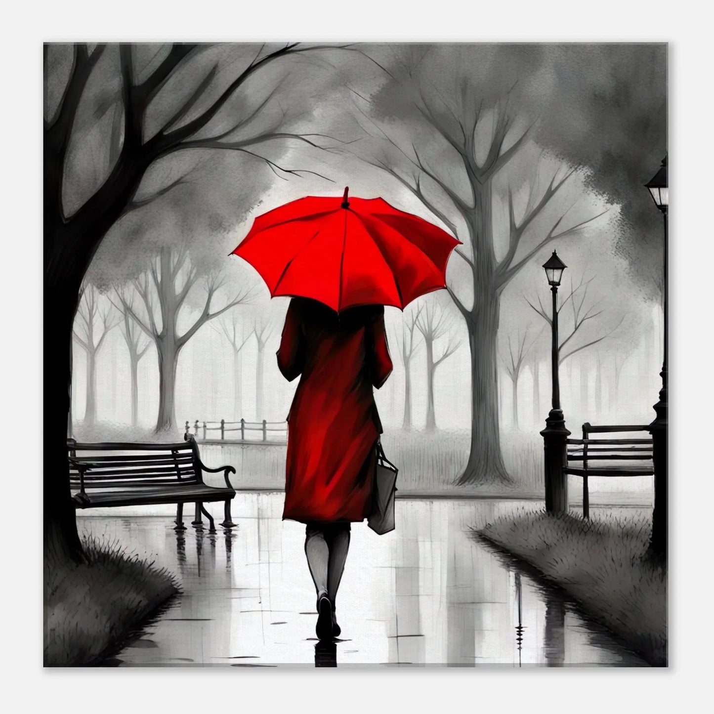 Leinwandbild - Frau mit rotem Regenschirm  - Schwarz-Weiß, KI-Kunst - RolConArt, Schwarz-Weiß mit Akzentfarben, 50x50-cm-20x20