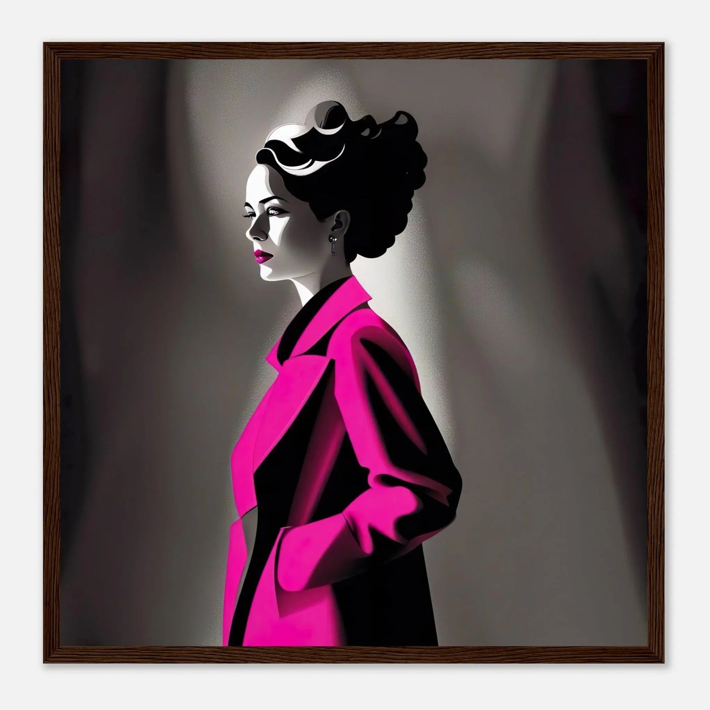 Gerahmtes Premium-Poster - Frau im rosa Mantel - Schwarz-Weiß, KI-Kunst - RolConArt, Schwarz-Weiß mit Akzentfarben, 50x50-cm-20x20-Dunkler-Holzrahmen