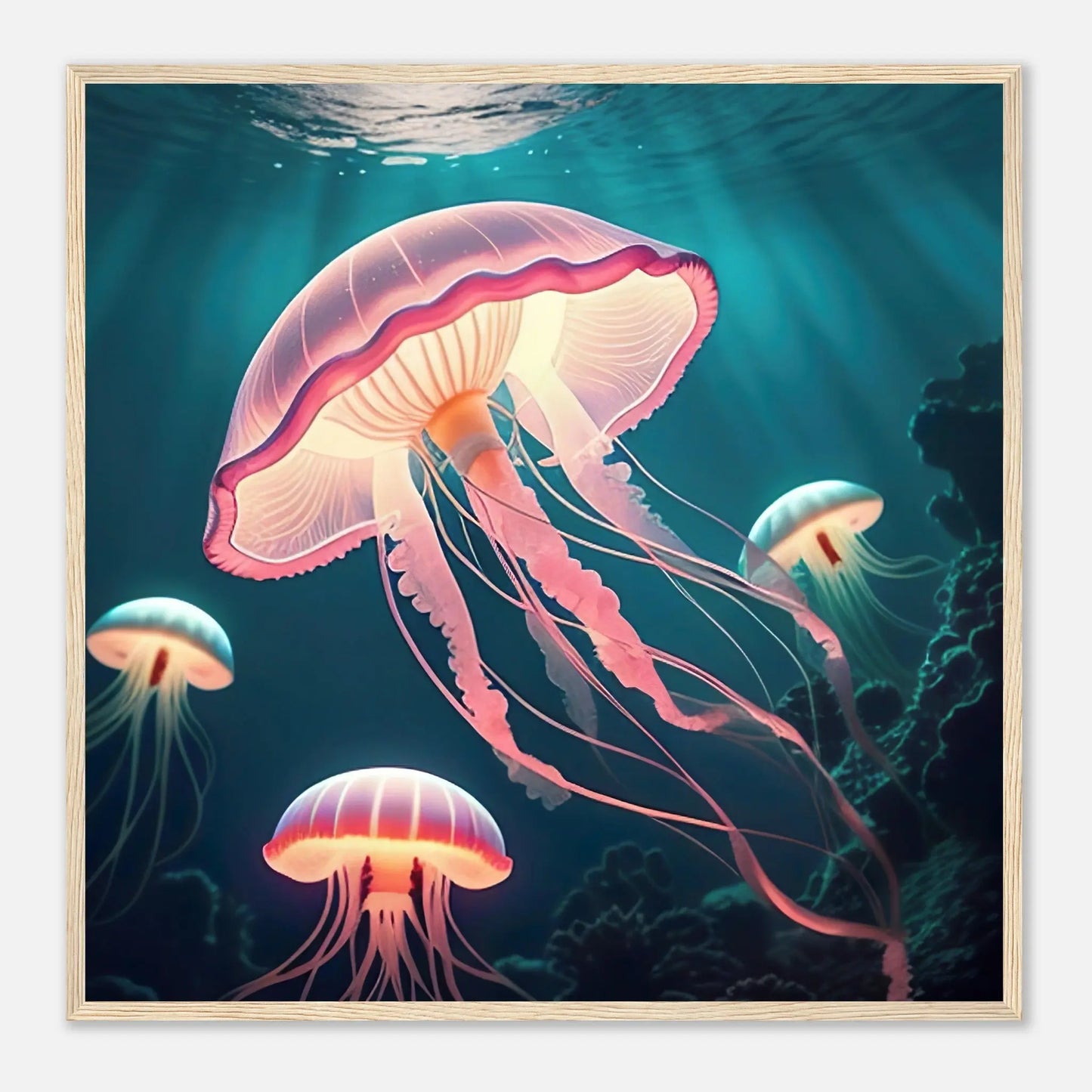 Gerahmtes Premium-Poster - Quallen - Digitaler Stil, KI-Kunst - RolConArt, Unterwasserlandschaften, 70x70-cm-28x28-Holzrahmen