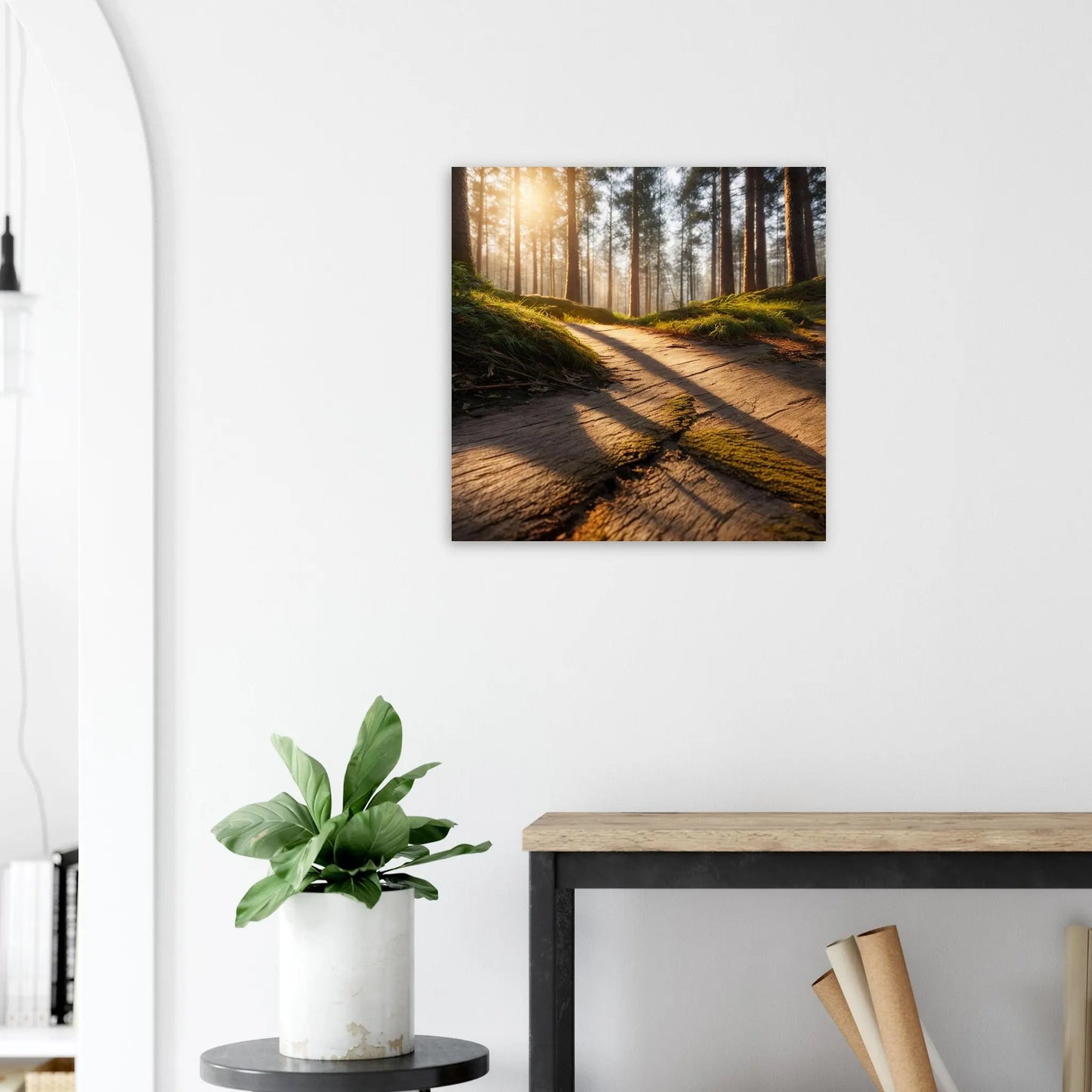 Moderner Forex-Druck - Holzweg im Wald - Foto Stil, KI-Kunst - RolConArt, Landschaften, 60x60-cm-24x24-Weiß