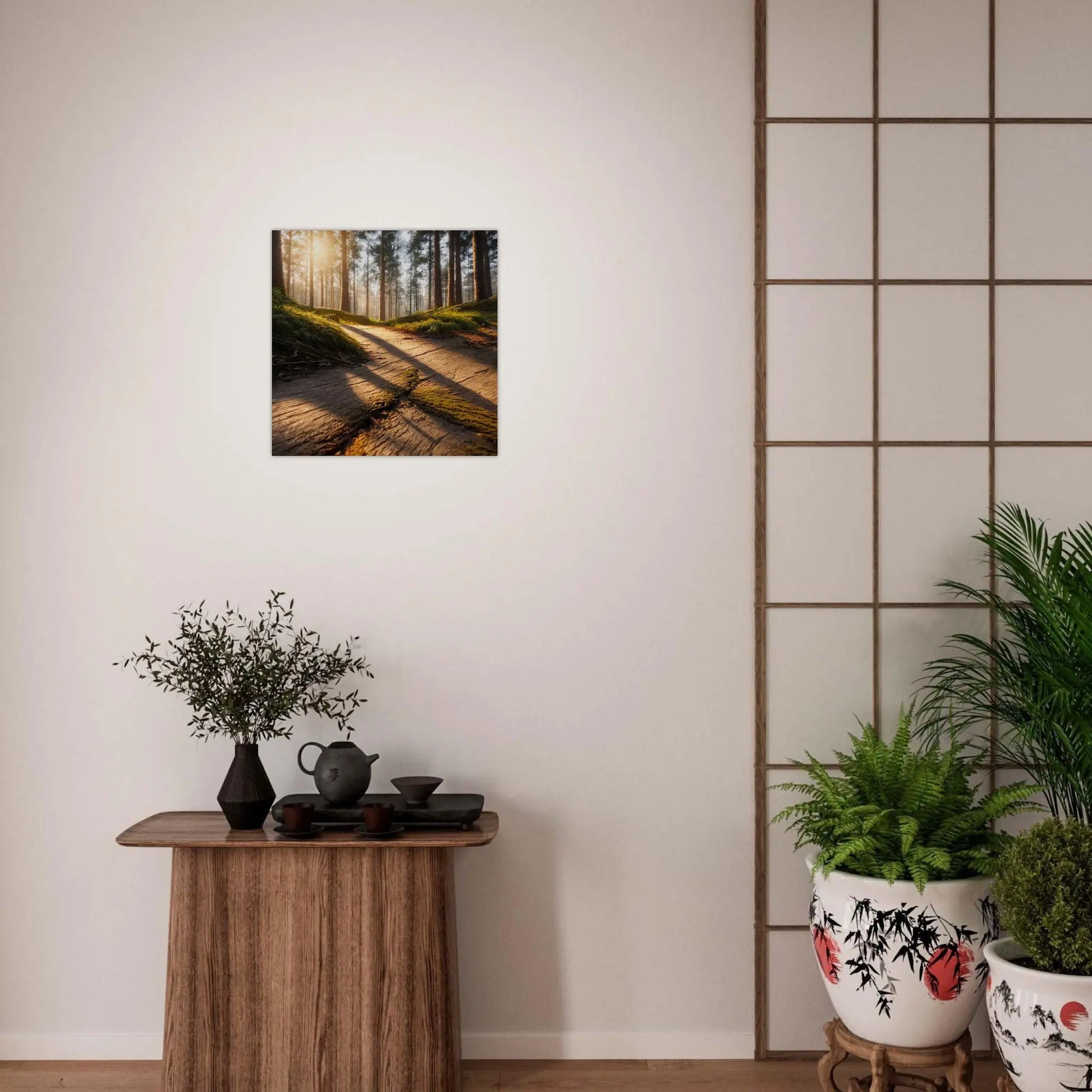 Moderner Forex-Druck - Holzweg im Wald - Foto Stil, KI-Kunst - RolConArt, Landschaften,