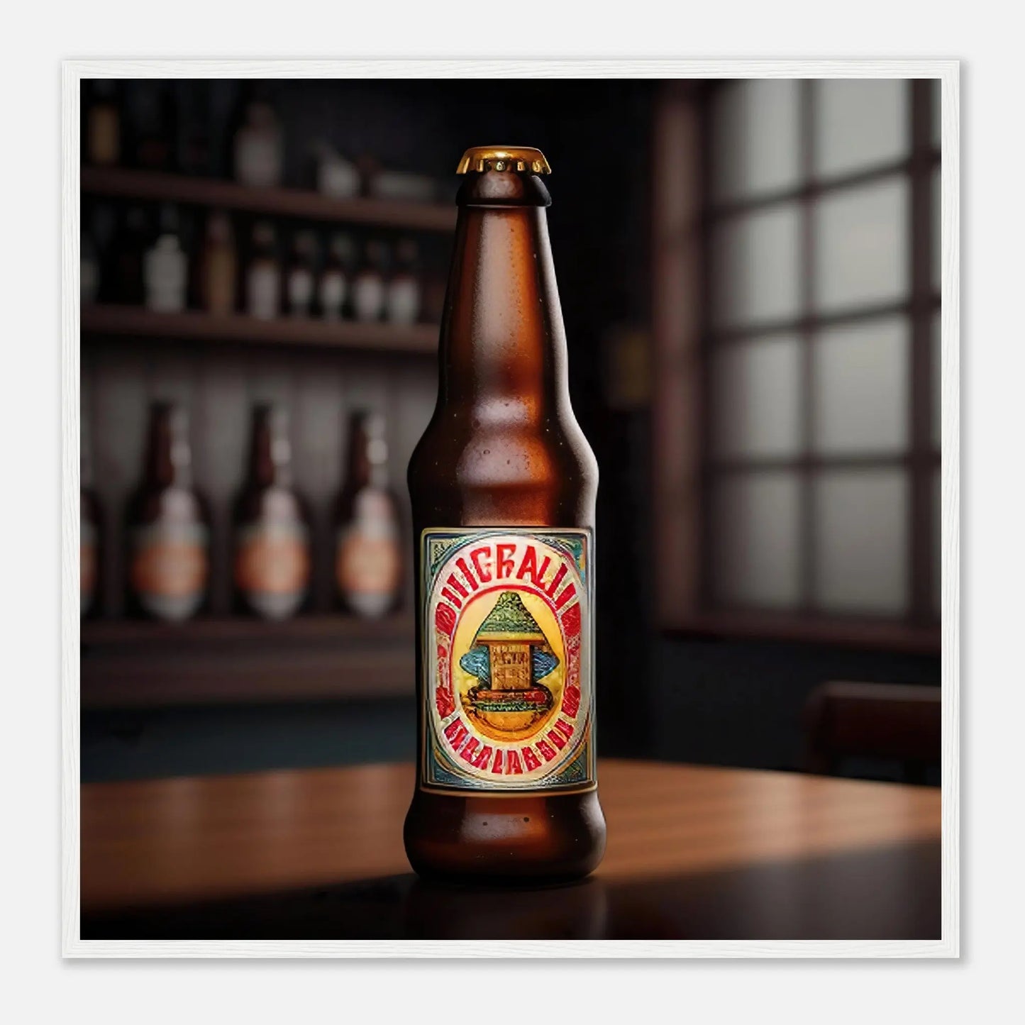 Gerahmtes Premium-Poster - Bierflasche - Foto Stil, KI-Kunst - RolConArt, Kreative Vielfalt, 70x70-cm-28x28-Weißer-Rahmen