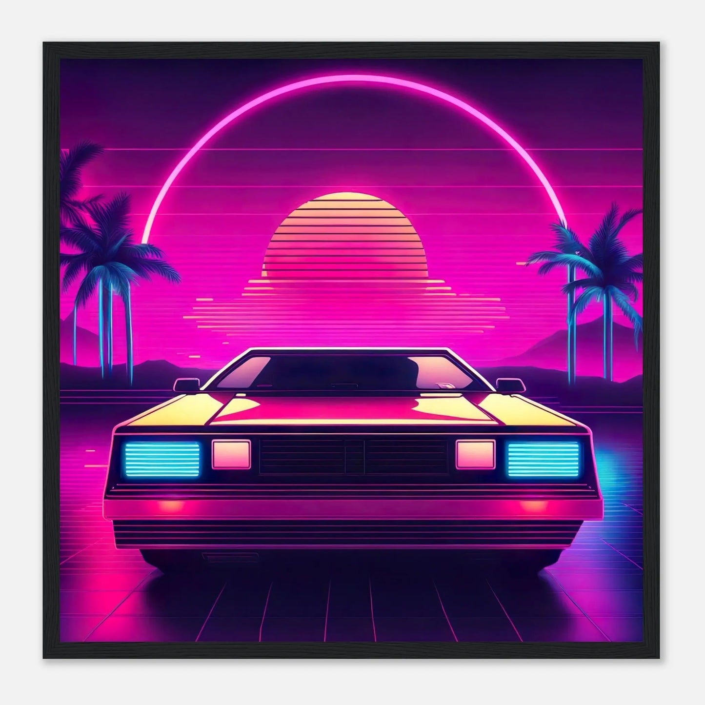 Gerahmtes Premium-Poster - Retro Auto - Neon Stil, KI-Kunst - RolConArt, Neon, 50x50-cm-20x20-Schwarzer-Rahmen