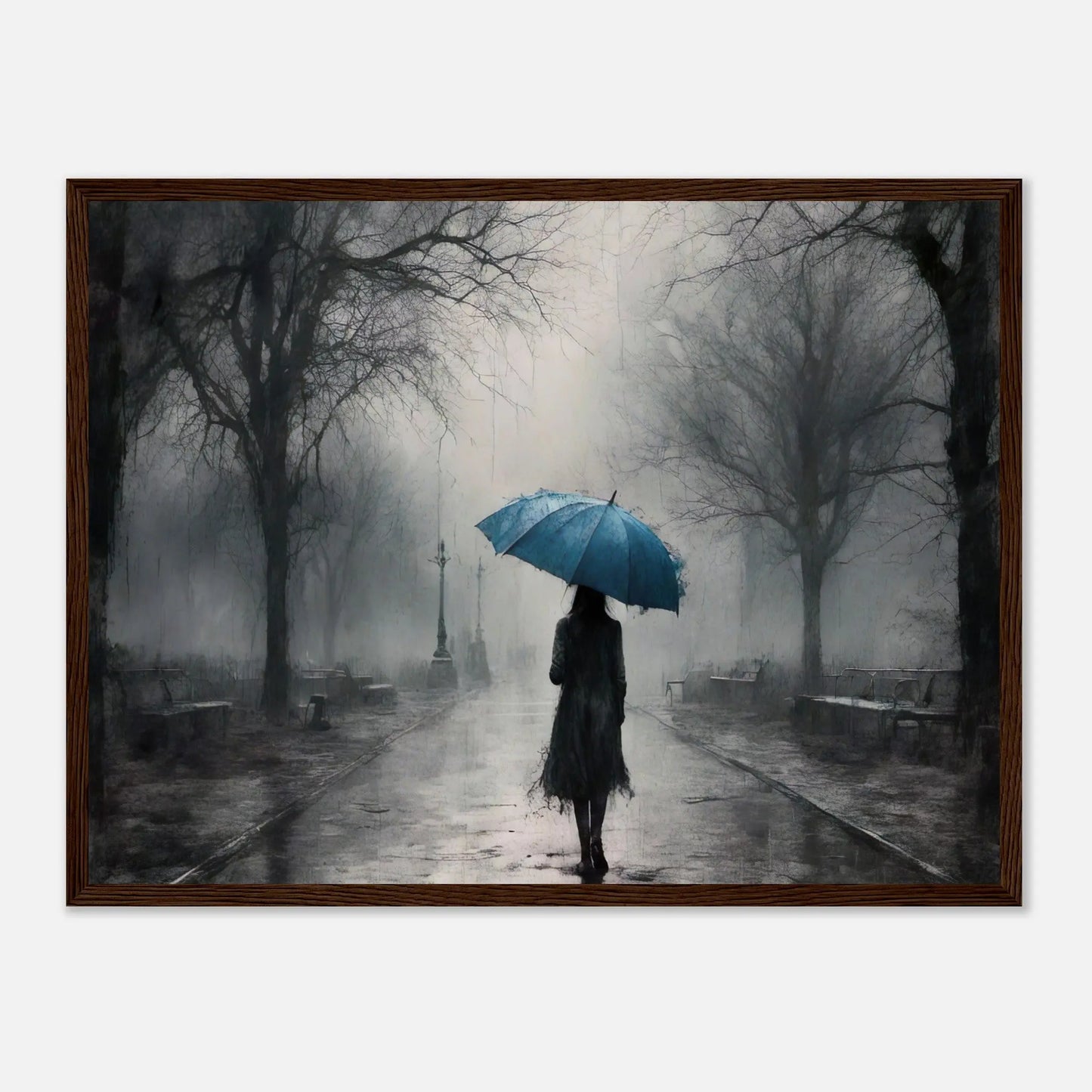 Gerahmtes Premium-Poster - Frau im Park - Schwarz-Weiß, KI-Kunst - RolConArt, Schwarz-Weiß mit Akzentfarben, 45x60-cm-18x24-Dunkler-Holzrahmen