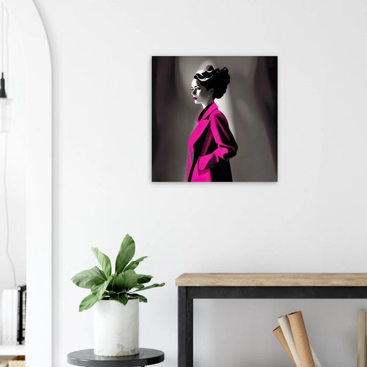 Moderner Forex-Druck - Frau im rosa Mantel - Schwarz-Weiß, KI-Kunst RolConArt