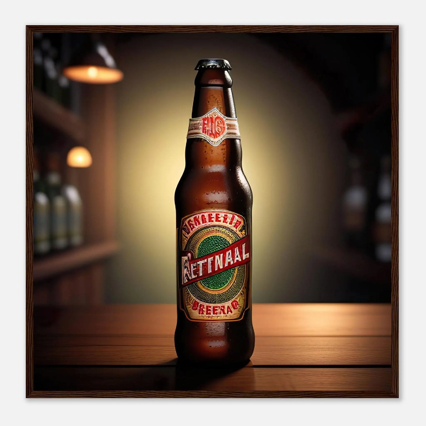 Gerahmtes Premium-Poster - Bierflasche - Foto Stil, KI-Kunst - RolConArt, Kreative Vielfalt, 70x70-cm-28x28-Dunkler-Holzrahmen