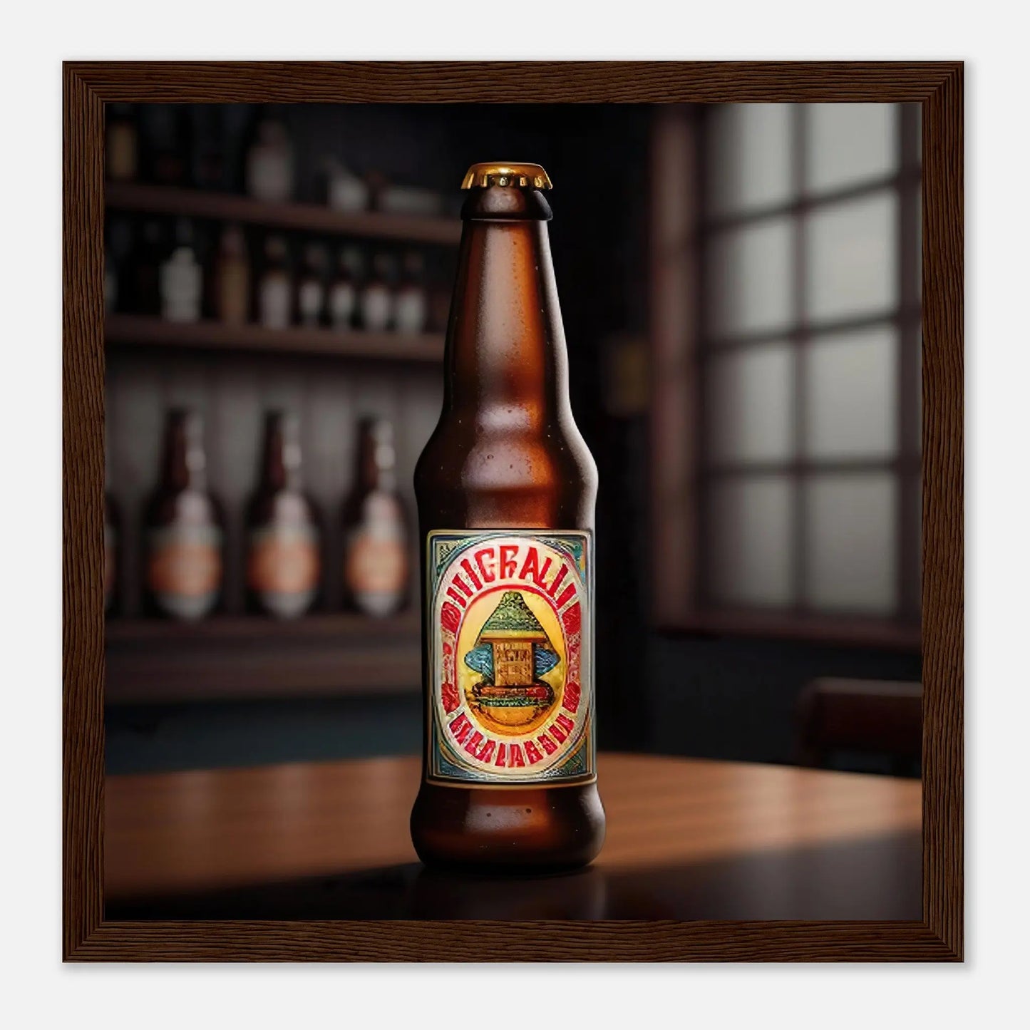 Gerahmtes Premium-Poster - Bierflasche - Foto Stil, KI-Kunst - RolConArt, Kreative Vielfalt, 30x30-cm-12x12-Dunkler-Holzrahmen