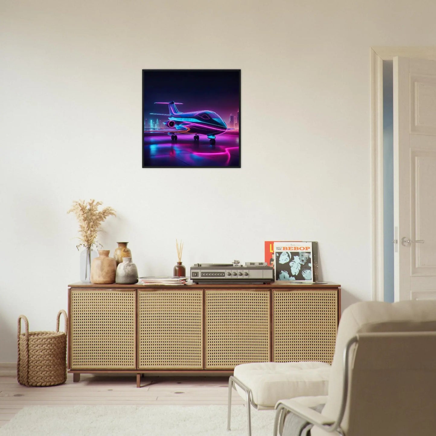 Gerahmtes Premium-Poster -Futuristisches Flugzeug- Neon Stil, KI-Kunst - RolConArt, Neon,