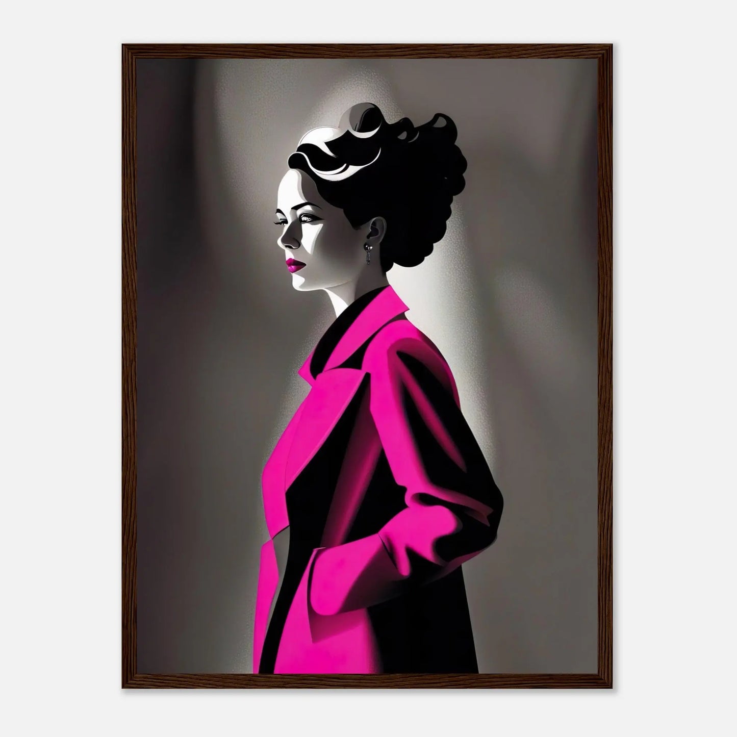 Gerahmtes Premium-Poster - Frau im rosa Mantel - Schwarz-Weiß, KI-Kunst - RolConArt, Schwarz-Weiß mit Akzentfarben, 45x60-cm-18x24-Dunkler-Holzrahmen