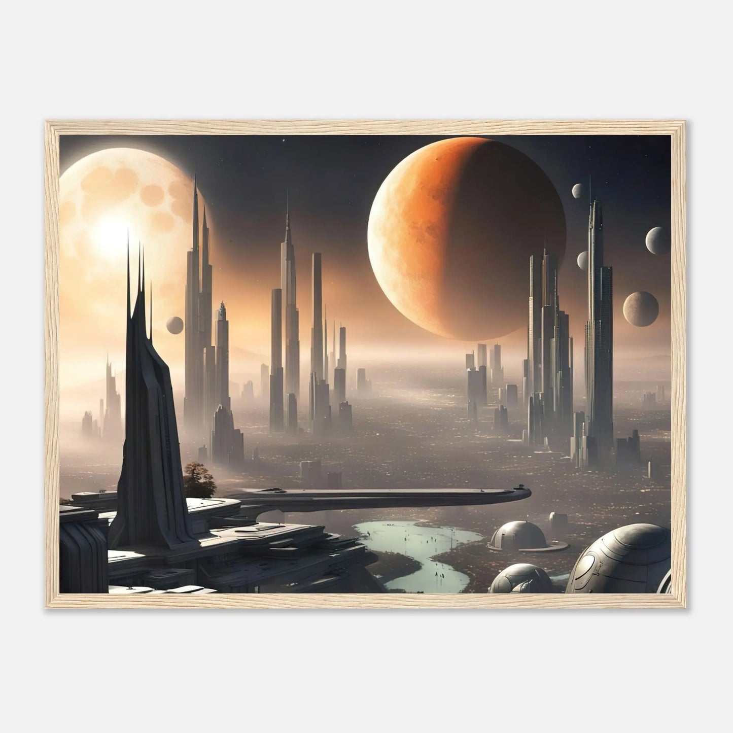 Gerahmtes Premium-Poster -Futuristische Welt- Digitaler Stil, KI-Kunst - RolConArt, Sci-Fi, 45x60-cm-18x24-Holzrahmen