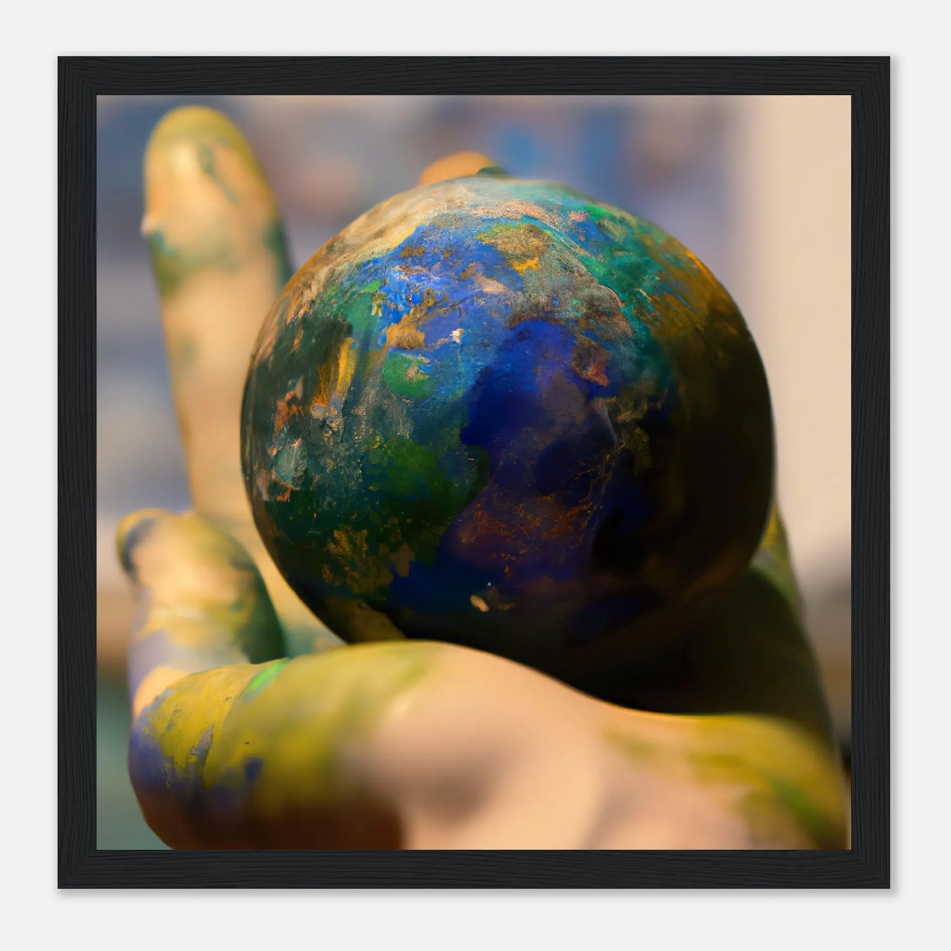 Gerahmtes Premium-Poster - Planet in der Hand - Foto Stil, KI-Kunst - RolConArt, Fotokunst - Kreative Vielfalt, 30x30-cm-12x12-Schwarz