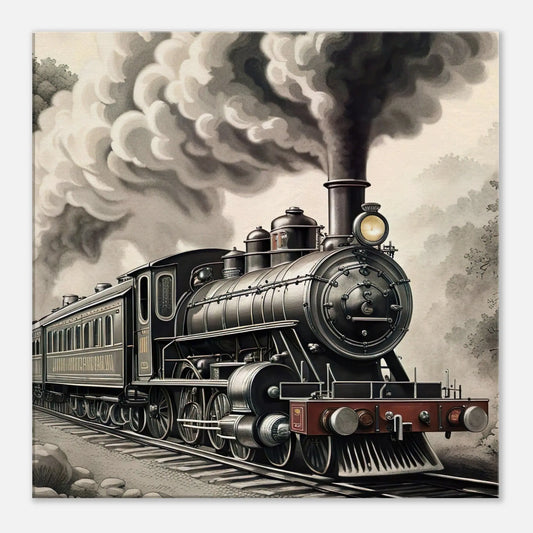 Leinwandbild - Dampflokomotive - Schwarz-Weiß Stil, KI-Kunst - RolConArt, Schwarz-Weiß mit Akzentfarben, 60x60-cm-24x24