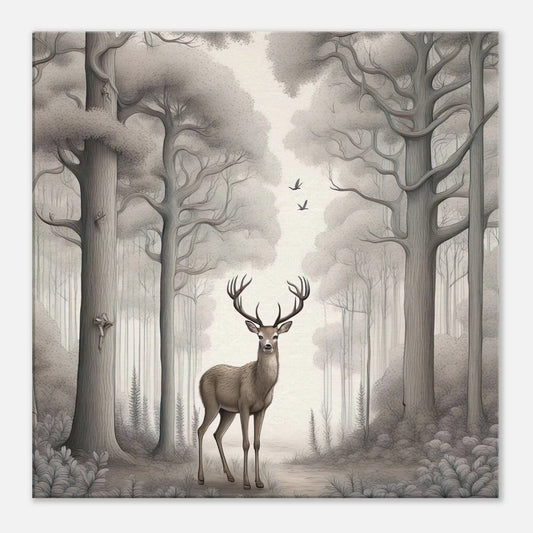 Leinwandbild - Hirsch im Wald - Schwarz-Weiß, Bleistift Stil, KI-Kunst - RolConArt, Schwarz-Weiß, 60x60-cm-24x24