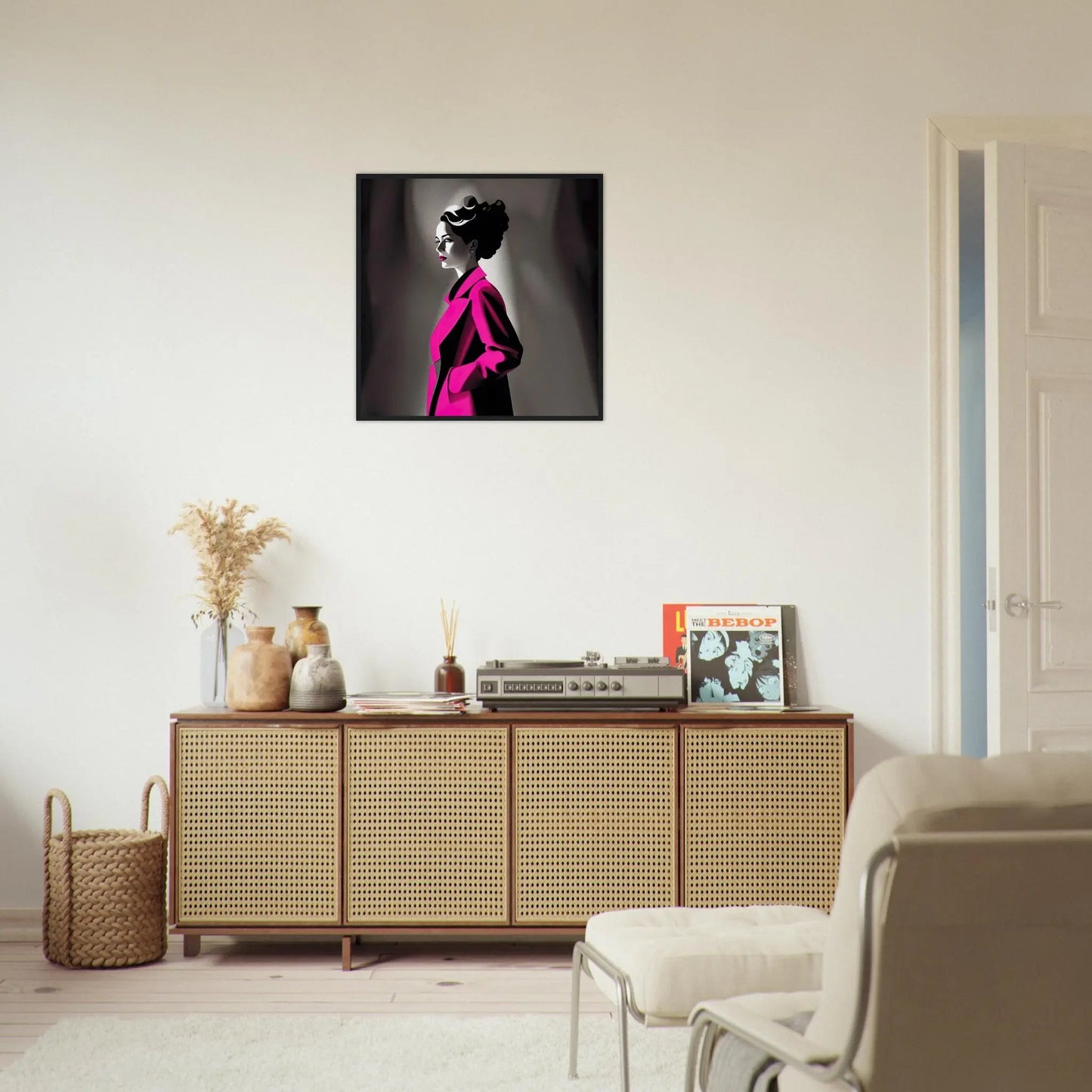 Gerahmtes Premium-Poster - Frau im rosa Mantel - Schwarz-Weiß, KI-Kunst - RolConArt, Schwarz-Weiß mit Akzentfarben,