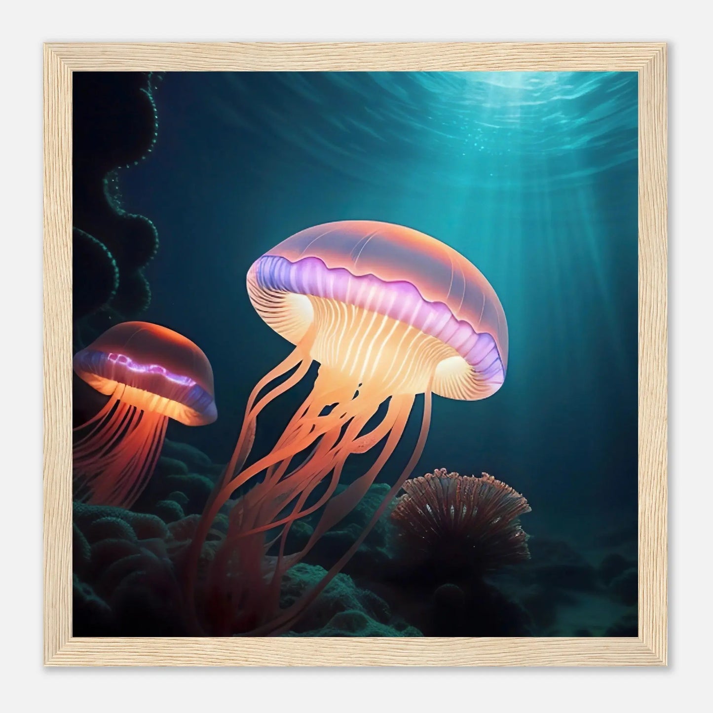 Gerahmtes Premium-Poster - Quallen - Digitaler Stil, KI-Kunst - RolConArt, Unterwasserlandschaften, 30x30-cm-12x12-Holzrahmen