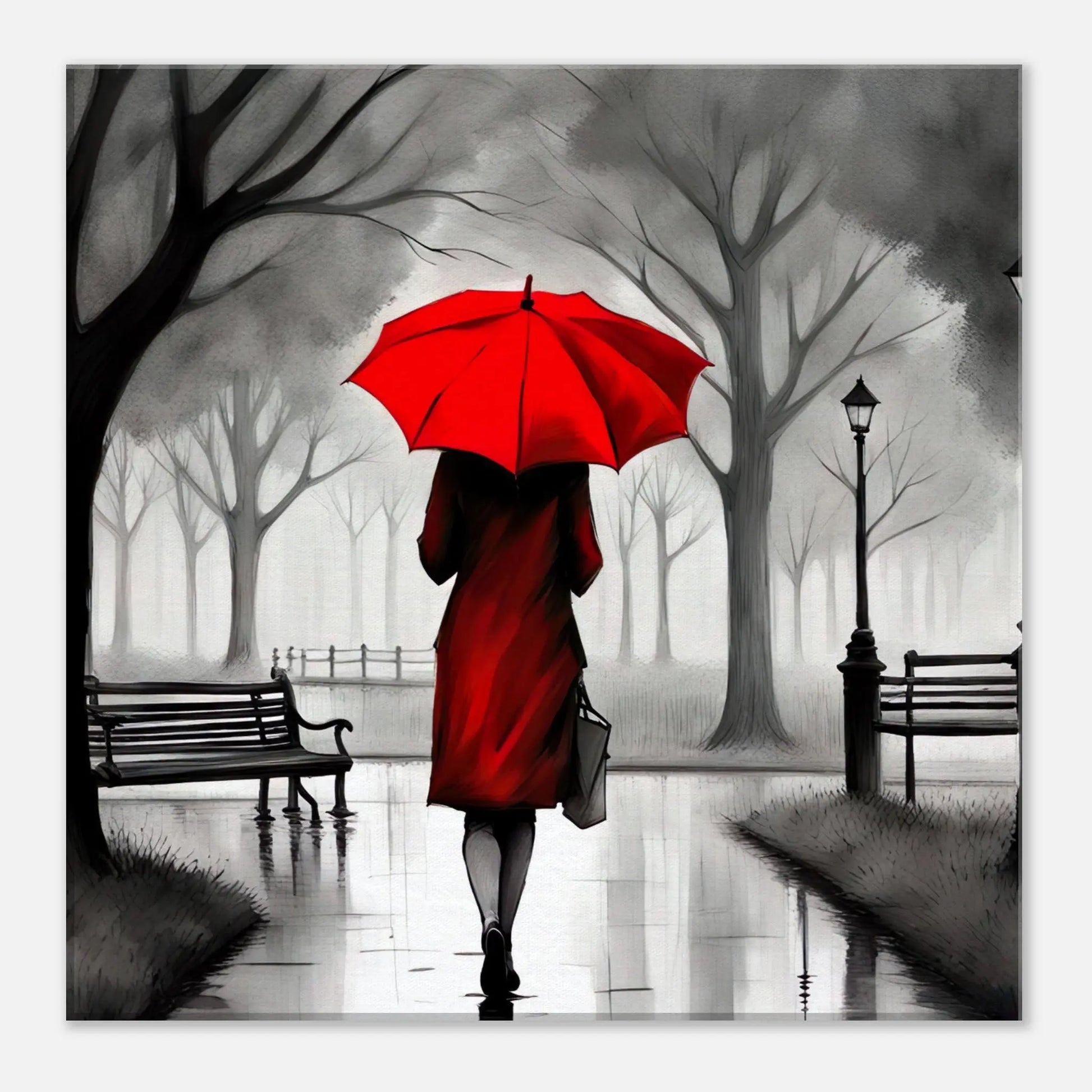 Leinwandbild - Frau mit rotem Regenschirm  - Schwarz-Weiß, KI-Kunst - RolConArt, Schwarz-Weiß mit Akzentfarben, 40x40-cm-16x16