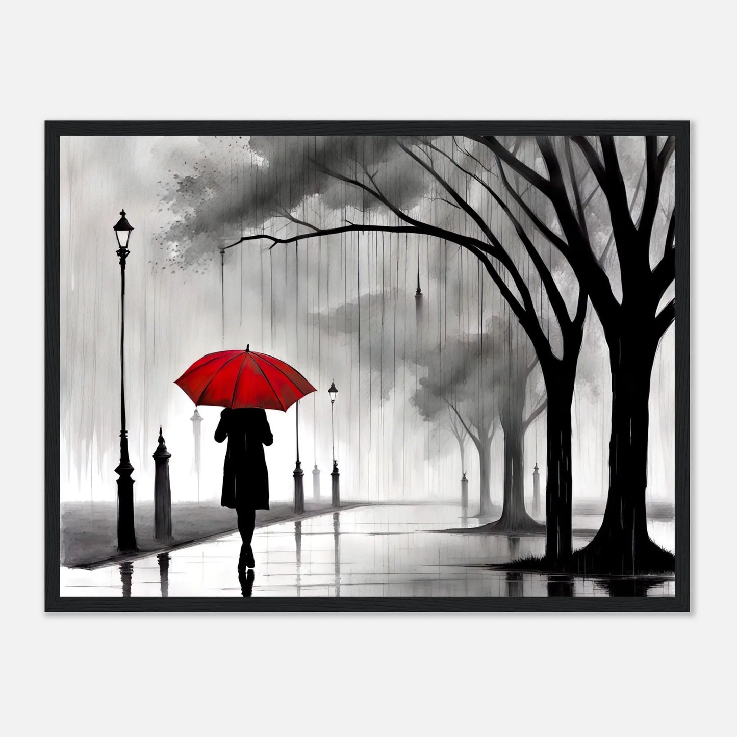 Gerahmtes Premium-Poster - Frau im Park - Schwarz-Weiß, KI-Kunst - RolConArt, Schwarz-Weiß mit Akzentfarben, 45x60-cm-18x24-Schwarzer-Rahmen