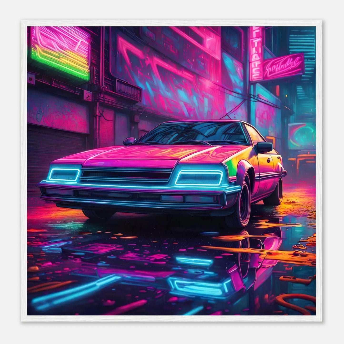 Gerahmtes Premium-Poster - Retro Auto - Neon Stil, KI-Kunst - RolConArt, Neon, 70x70-cm-28x28-Weißer-Rahmen