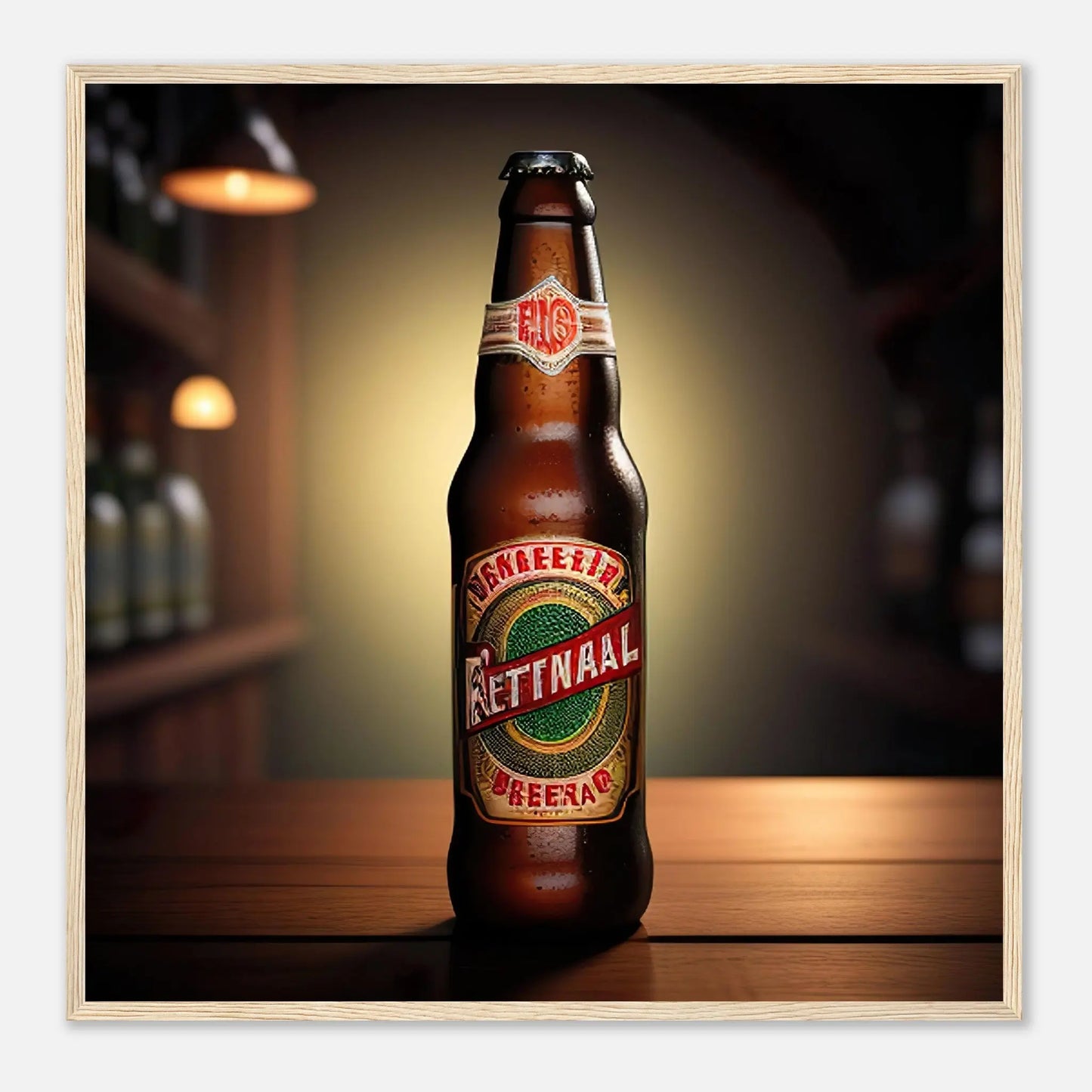 Gerahmtes Premium-Poster - Bierflasche - Foto Stil, KI-Kunst - RolConArt, Kreative Vielfalt, 70x70-cm-28x28-Holzrahmen