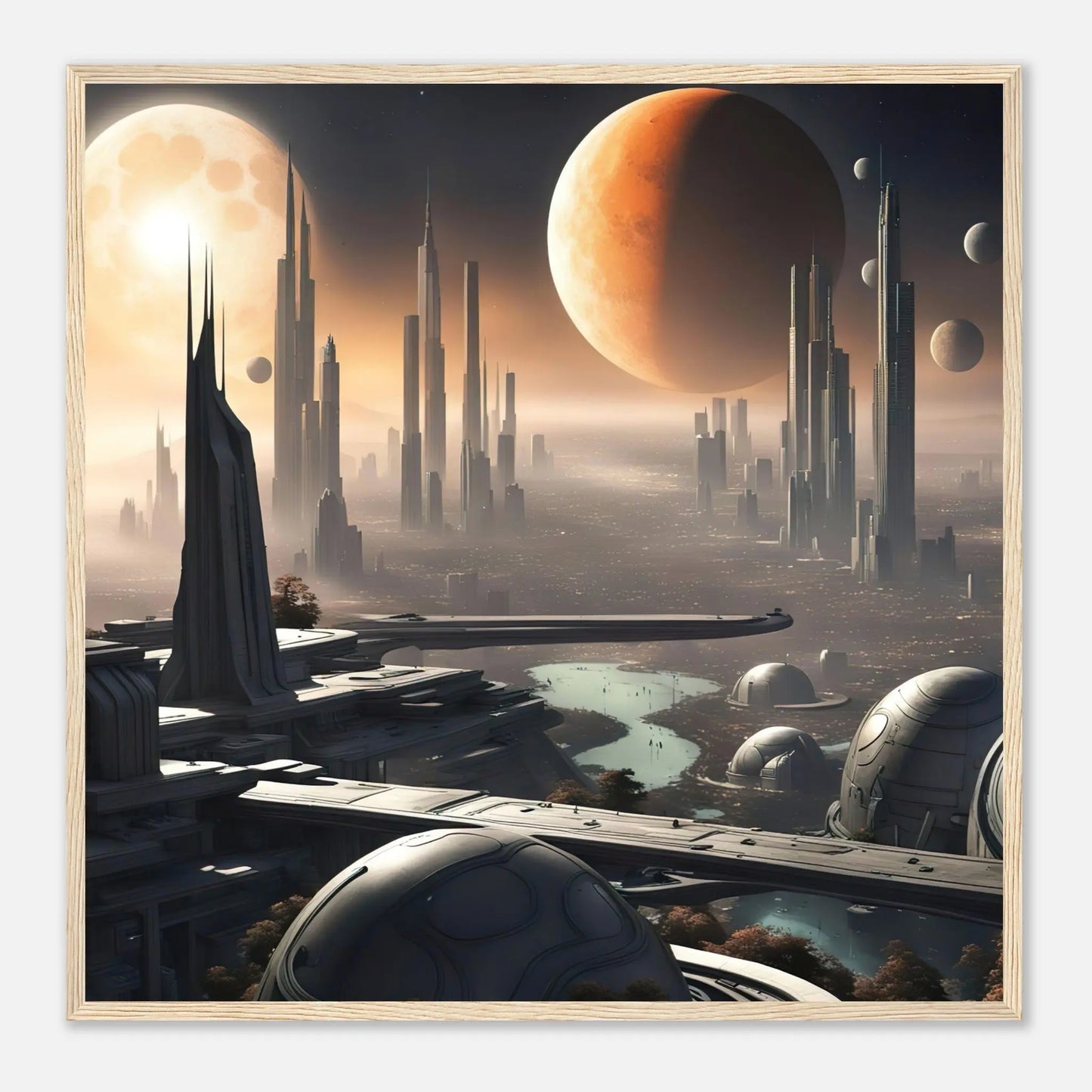 Gerahmtes Premium-Poster -Futuristische Welt- Digitaler Stil, KI-Kunst - RolConArt, Sci-Fi, 70x70-cm-28x28-Holzrahmen