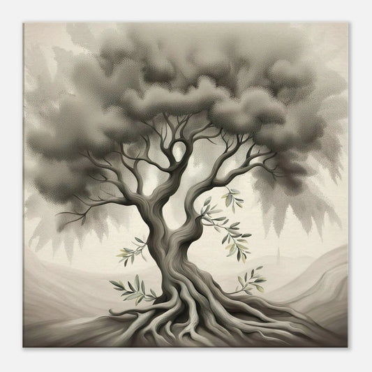Leinwandbild - Olivenbaum - Schwarz-Weiß, Bleistift Stil, KI-Kunst - RolConArt, Schwarz-Weiß, 60x60-cm-24x24
