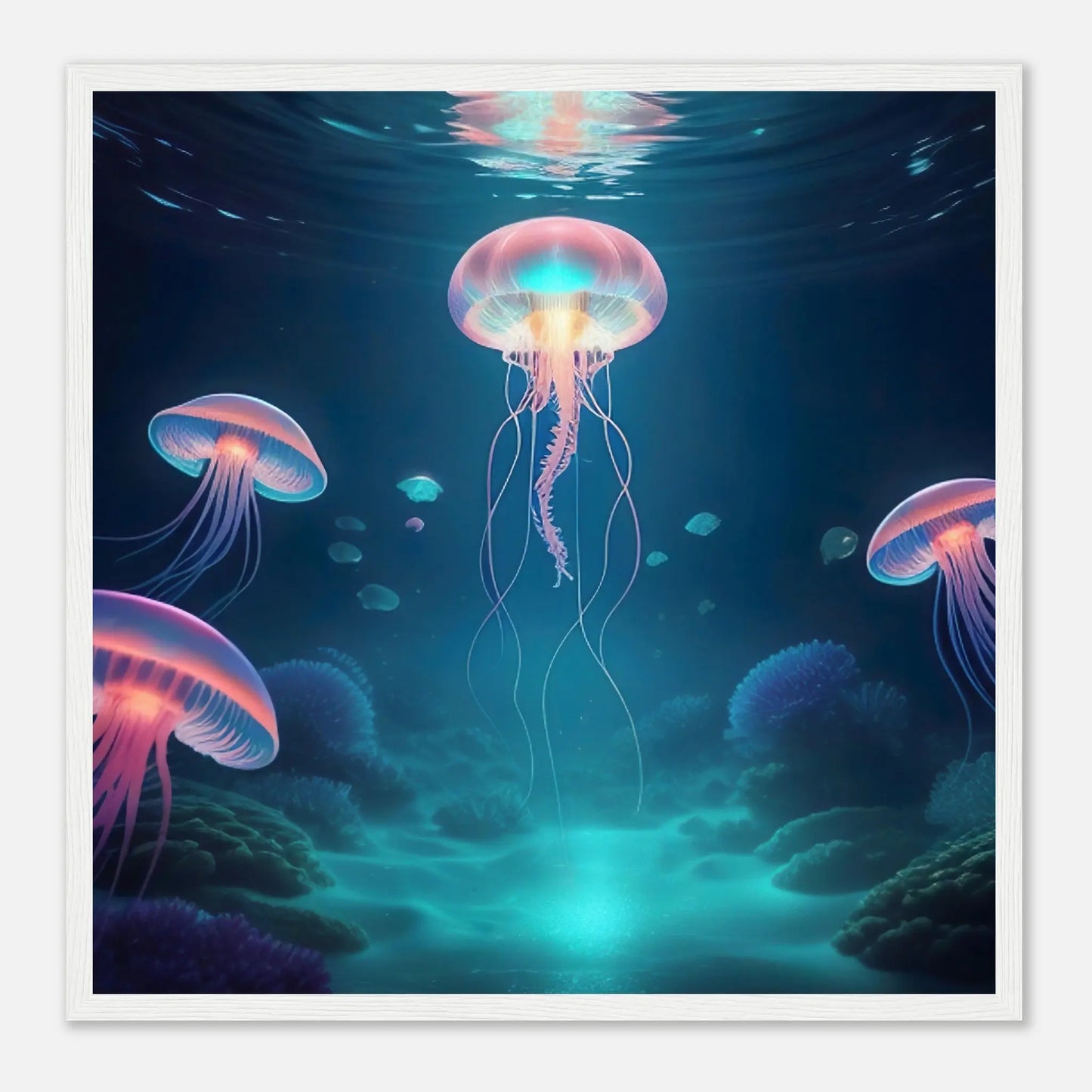 Gerahmtes Premium-Poster - Quallen - Digitaler Stil, KI-Kunst - RolConArt, Unterwasserlandschaften, 50x50-cm-20x20-Weißer-Rahmen