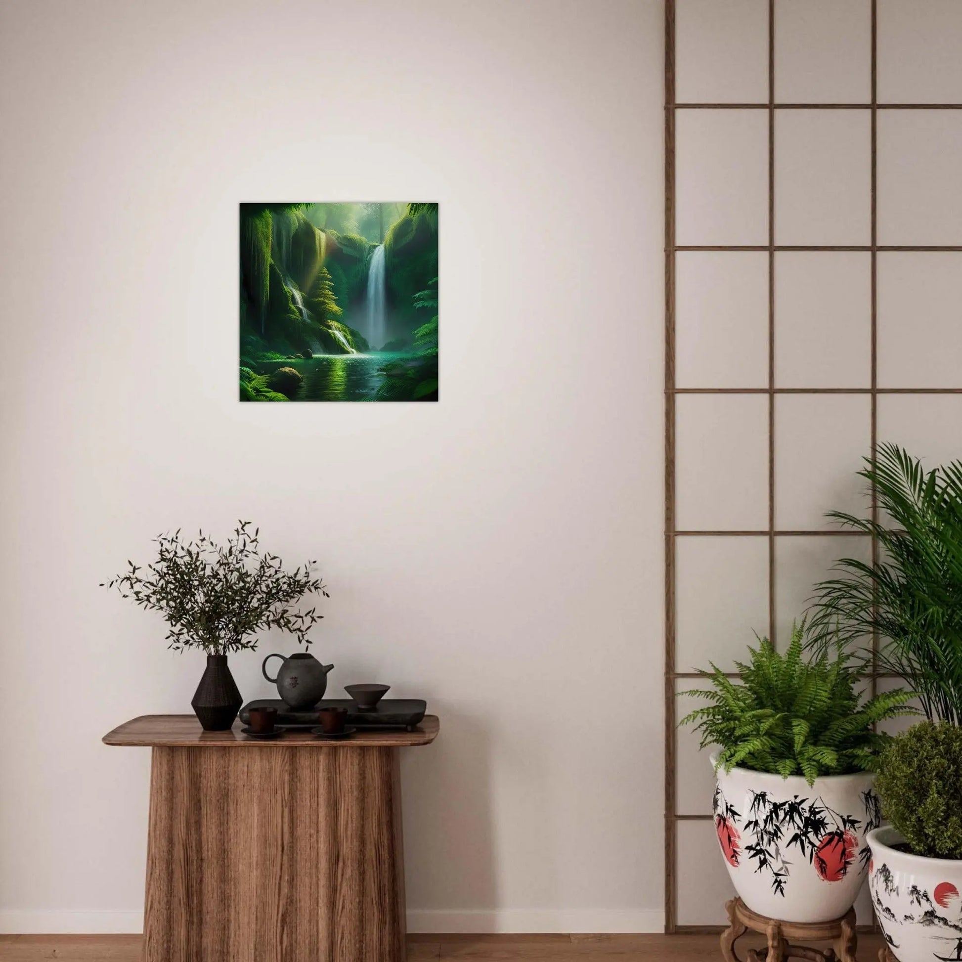 Moderner Forex-Druck - Wasserfall im Wald - Foto Stil, KI-Kunst - RolConArt, Landschaften,