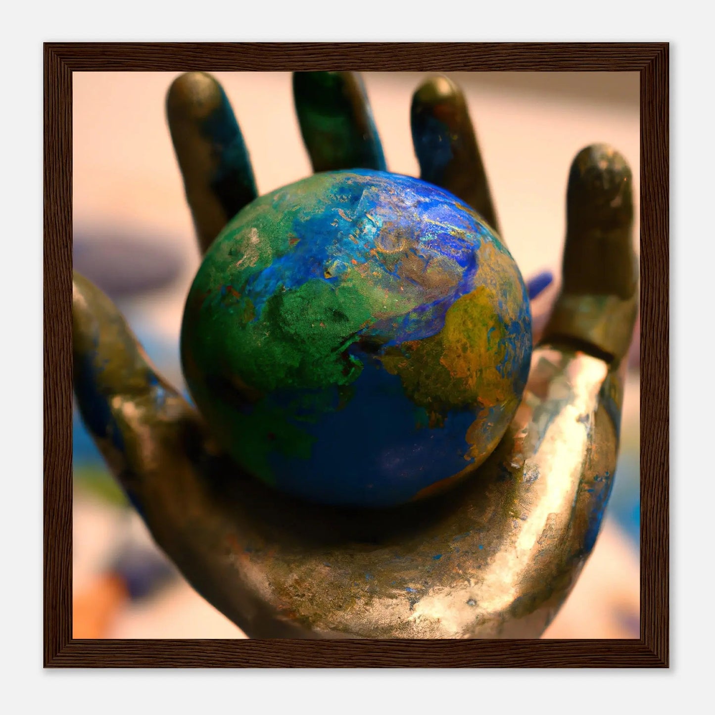 Gerahmtes Premium-Poster - Planet in der Hand - Foto Stil, KI-Kunst - RolConArt, Fotokunst - Kreative Vielfalt, 30x30-cm-12x12-Dunkles-Holz