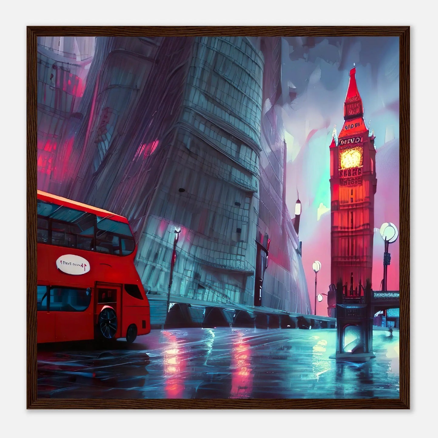 Gerahmtes Premium-Poster - Abstrakte Stadt - Digitaler Stil, KI-Kunst, Stadtlandschaften, 50x50-cm-20x20-Dunkles-Holz - RolConArt